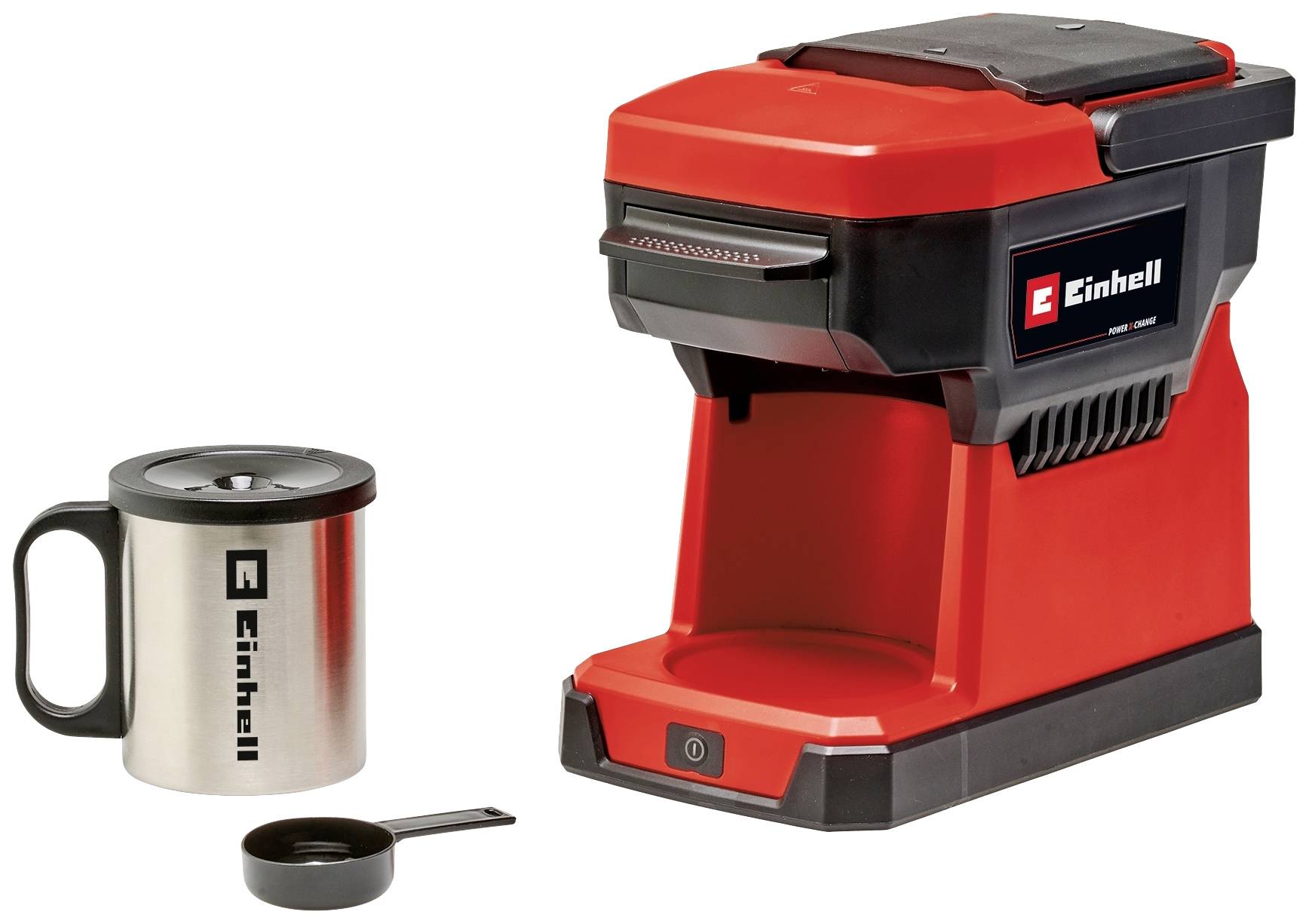 Machine à café rouge Einhell avec un accent noir, à côté d'un gobelet en acier inoxydable avec le logo Einhell et une cuillère à mesurer noire.
