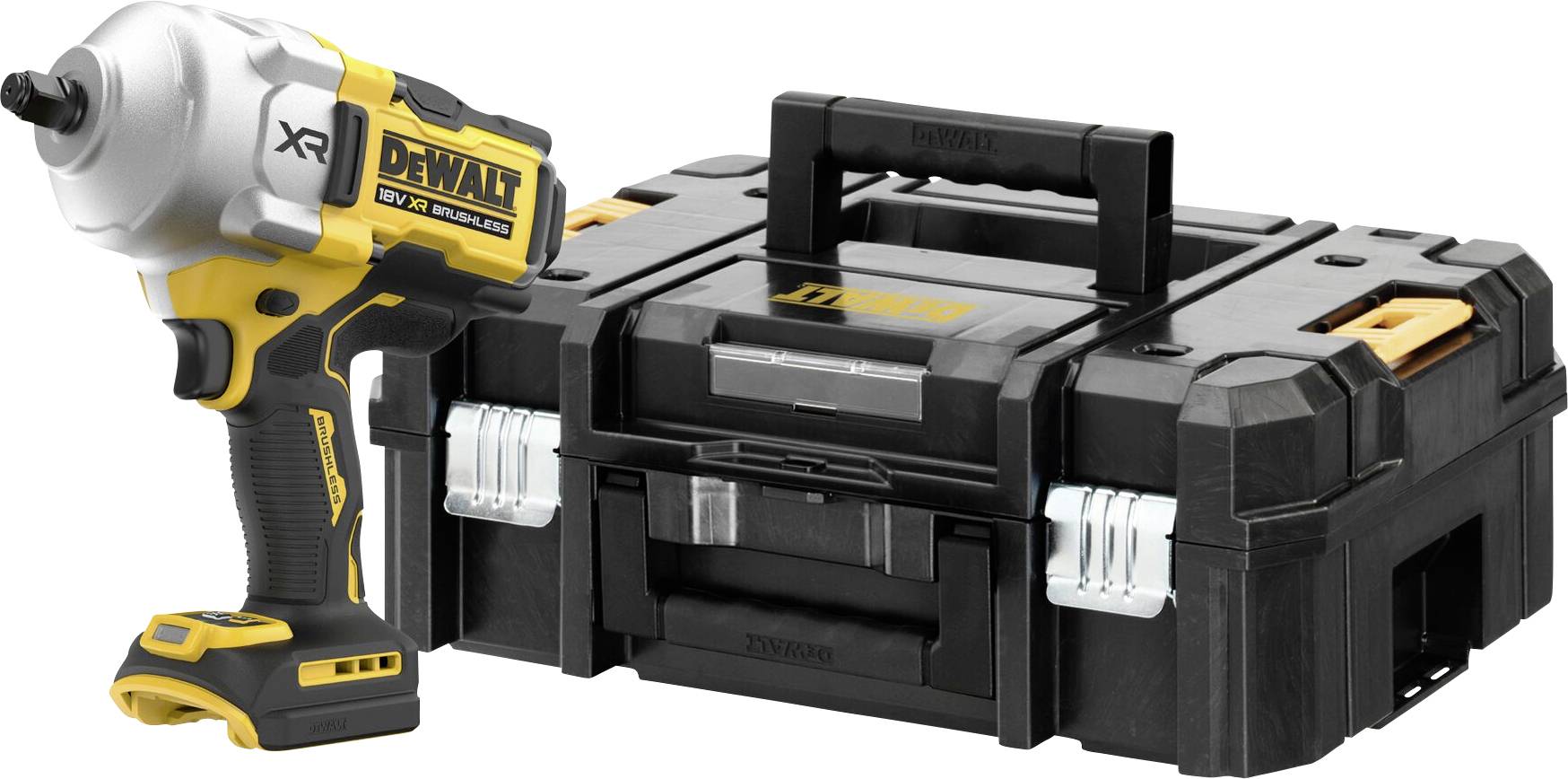Visseuse à choc DeWalt à côté d'un coffret à outils empilable noir. Les deux avec des détails jaunes et portant la marque 'Dewalt'.