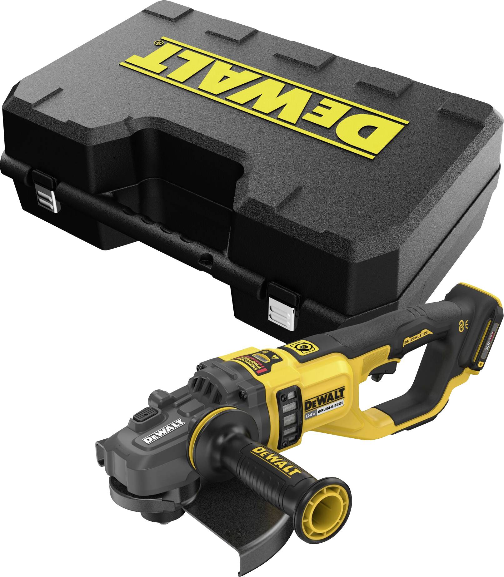 Meuleuse d'angle jaune et noire avec mallette, marque DeWalt. Outil électrique pour divers travaux de ponçage.