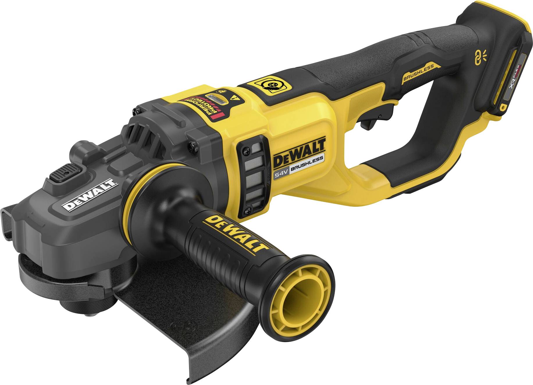 Meuleuse d'angle sans fil en jaune et noir avec poignée et carter de protection, adaptée aux travaux de coupe et de polissage.