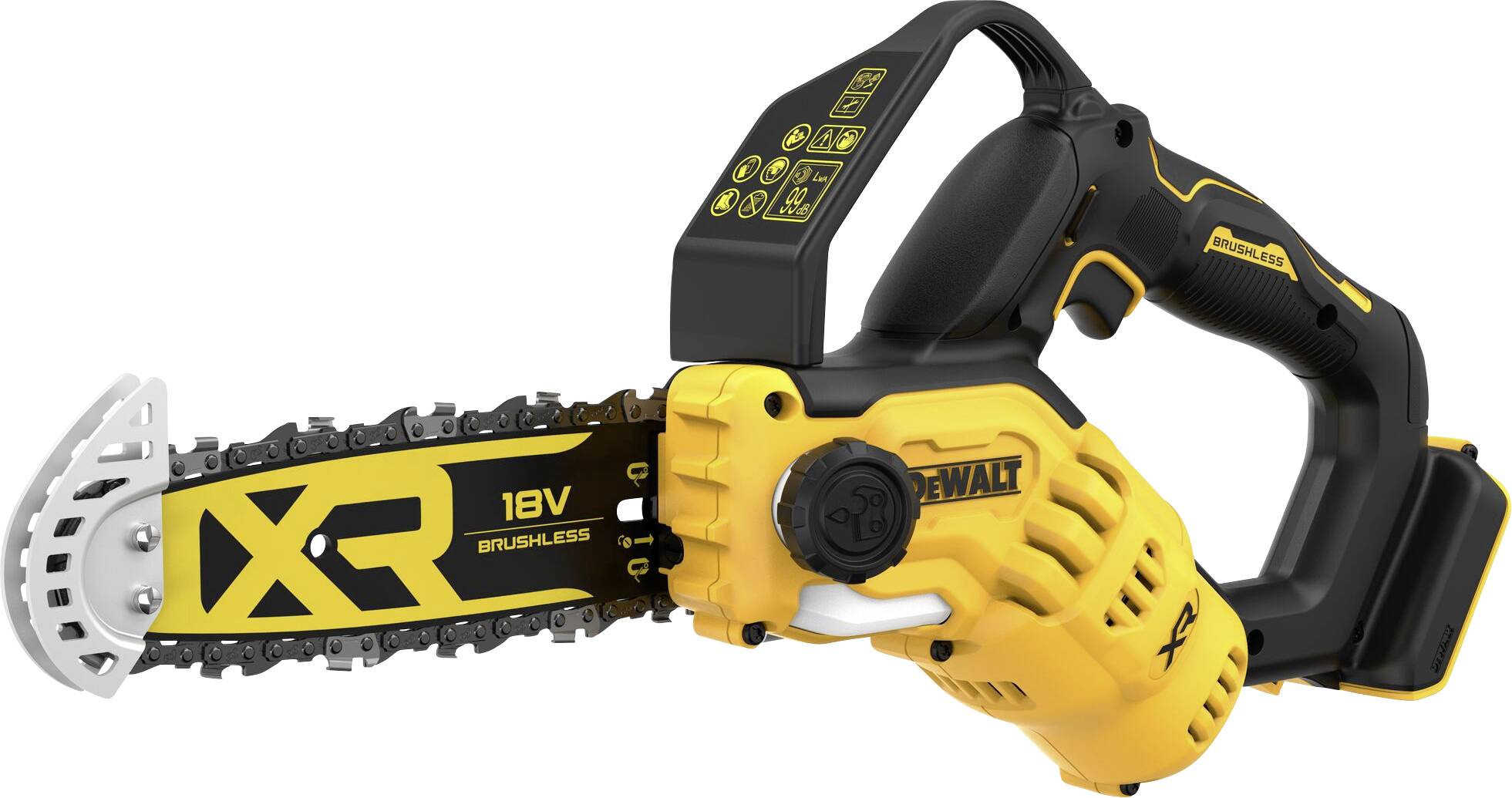 Tronçonneuse jaune et noire avec batterie de 18V, étiquette 'XR Brushless'. Taille compacte, poignée ergonomique, de la marque DeWalt.