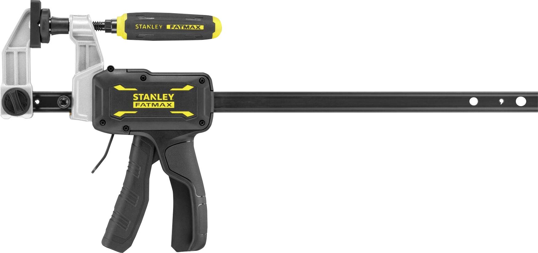Un serre-joint avec des poignées ergonomiques et des touches jaunes. Le nom de marque 'Stanley Fatmax' est visible sur le corps noir.
