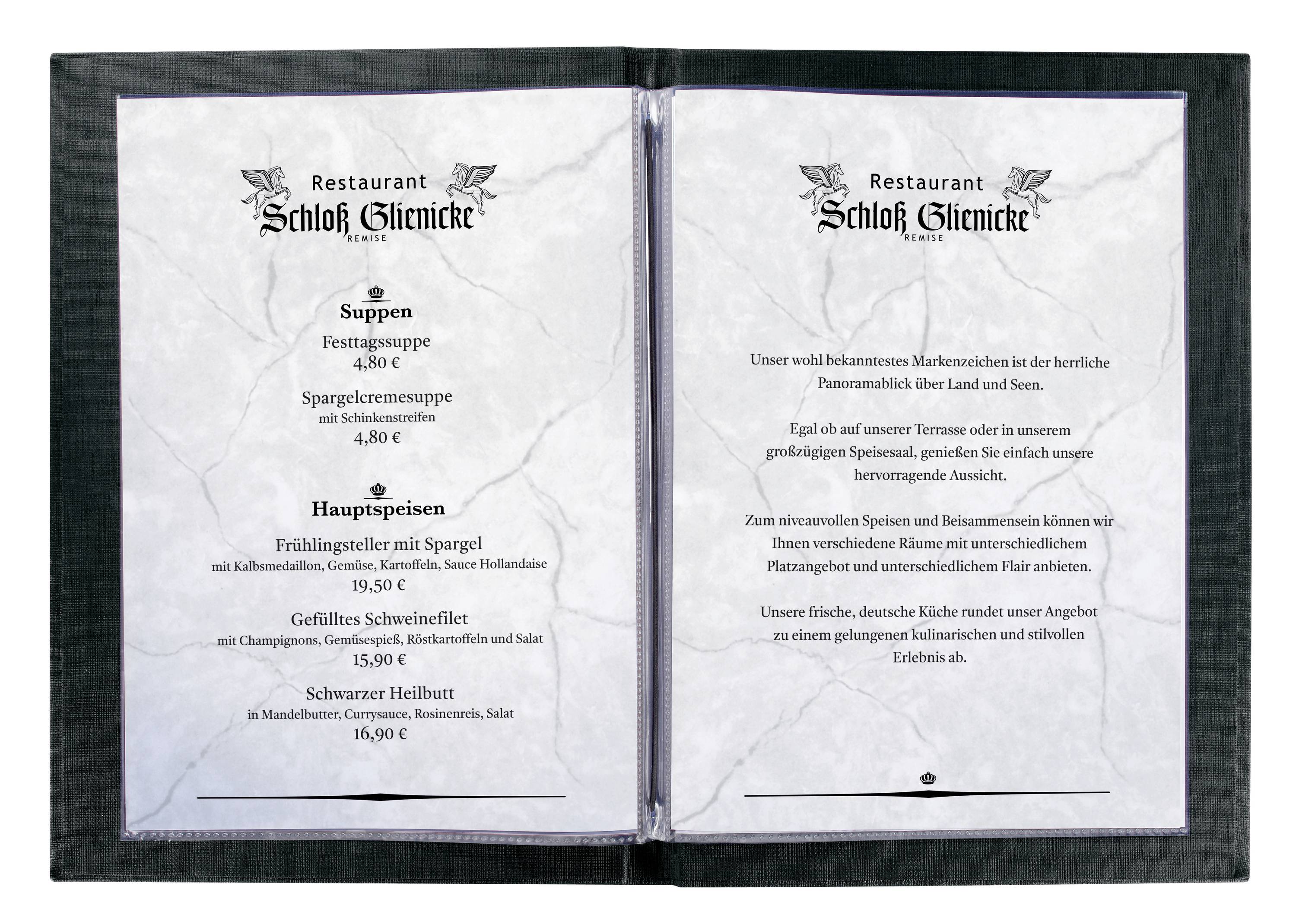 Carte du menu du Restaurant Schloss Glienicke : Soupes telles que la soupe de fête et la crème de asperges, plats principaux incluant le filet printanier aux asperges et le filet de porc farci.