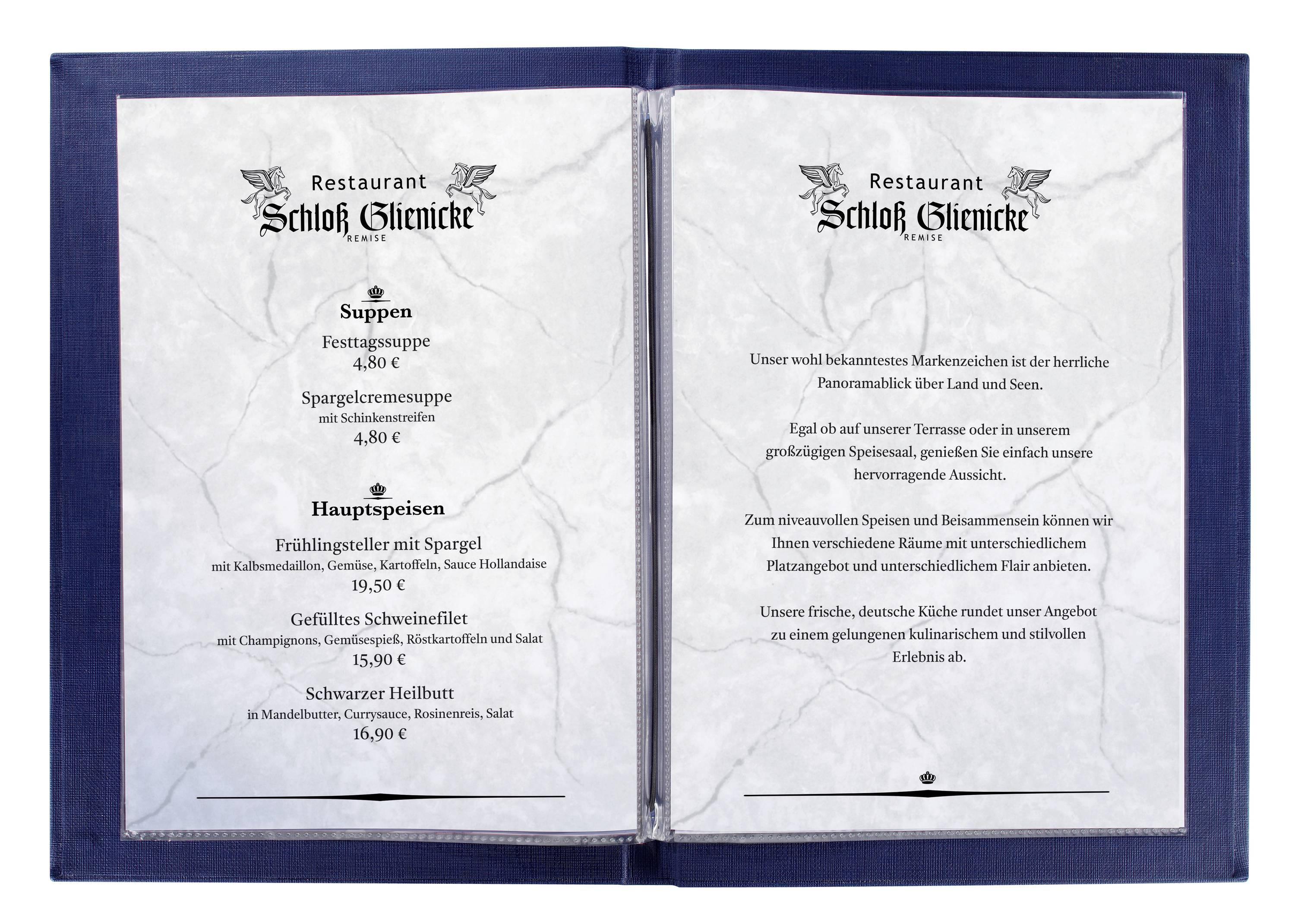 Menu du Restaurant Château de Glienicke. À gauche : Soupes et plats principaux, prix entre 4,80€ et 15,90€. À droite : Texte de bienvenue.