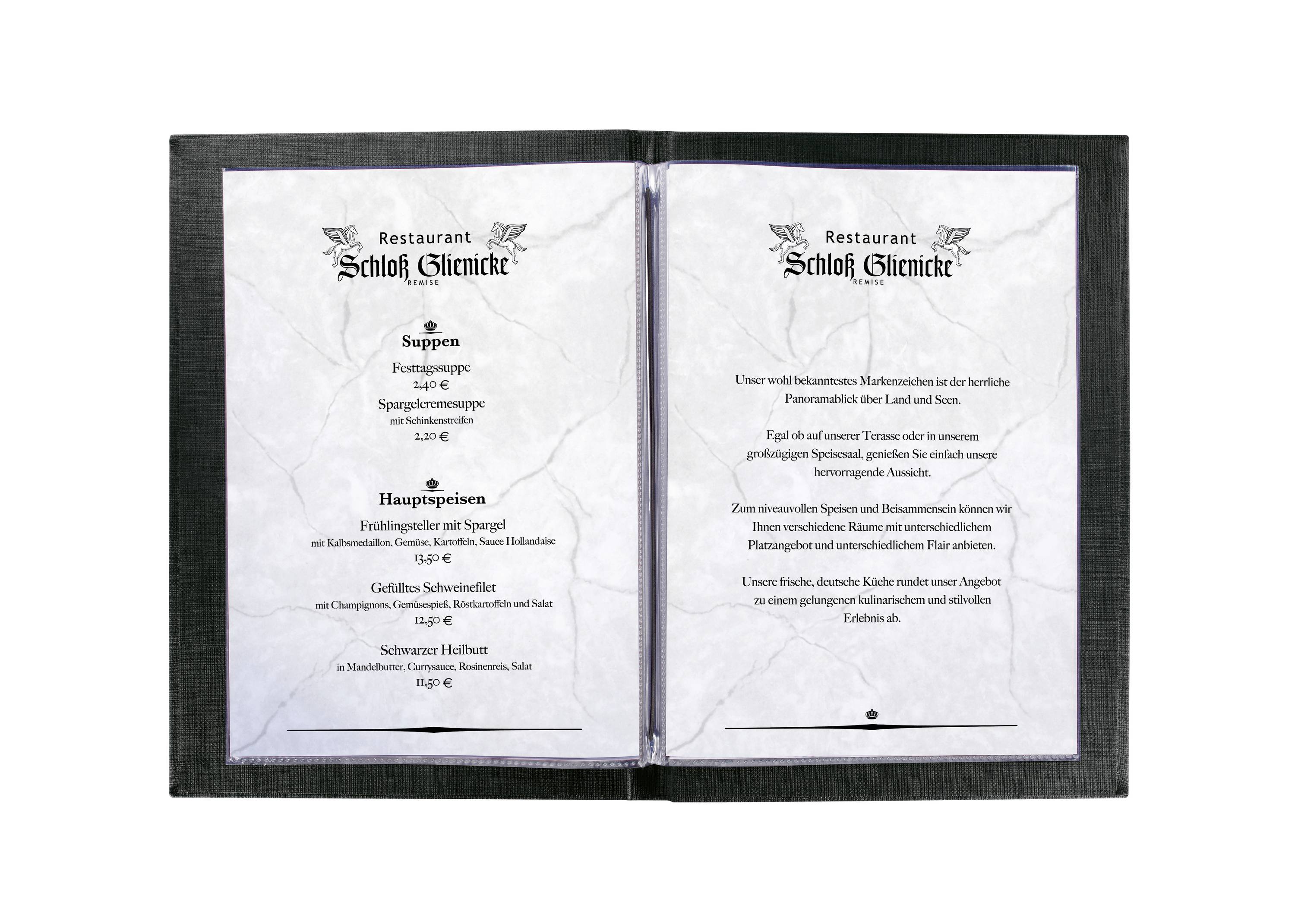 Deux pages de menu dans un livre de menu. À gauche : Soupes et plats principaux, avec les prix. À droite : Informations sur le restaurant.