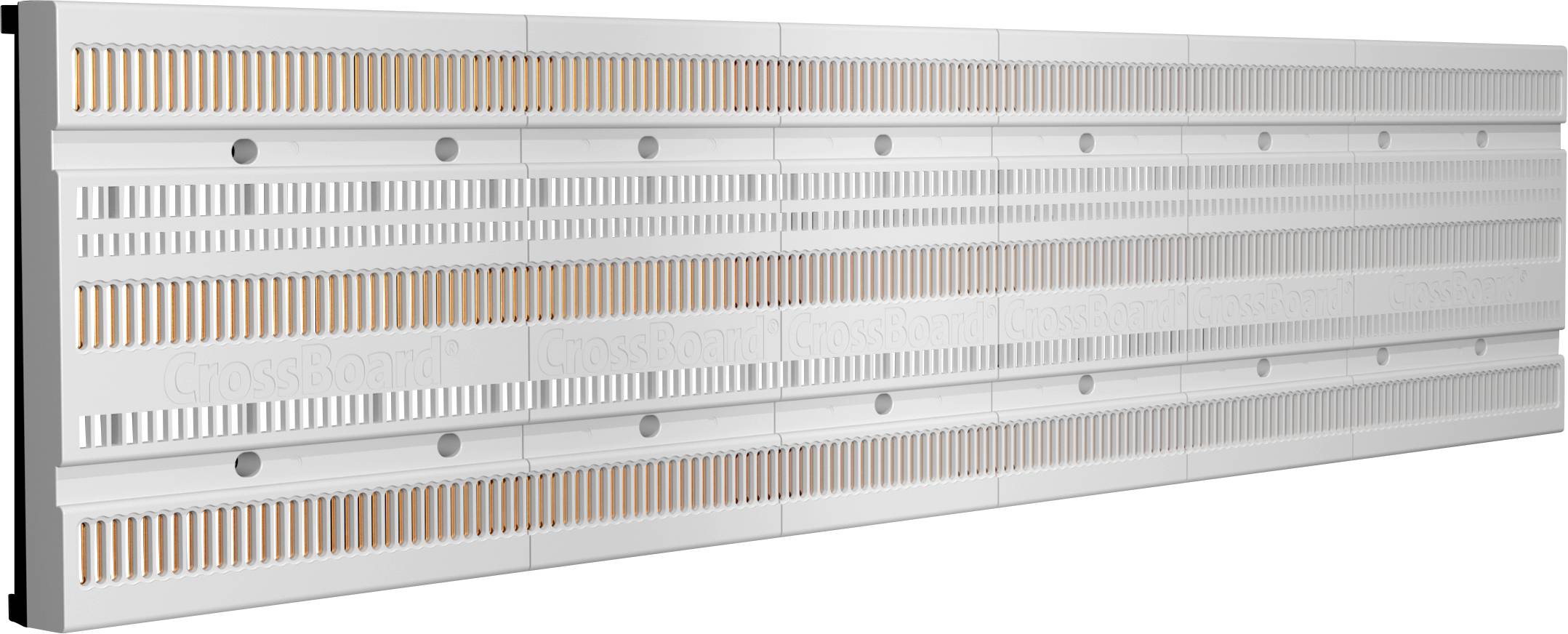 Un breadboard blanc avec plusieurs trous et deux rails de cuivre pour connecter électriquement des composants.