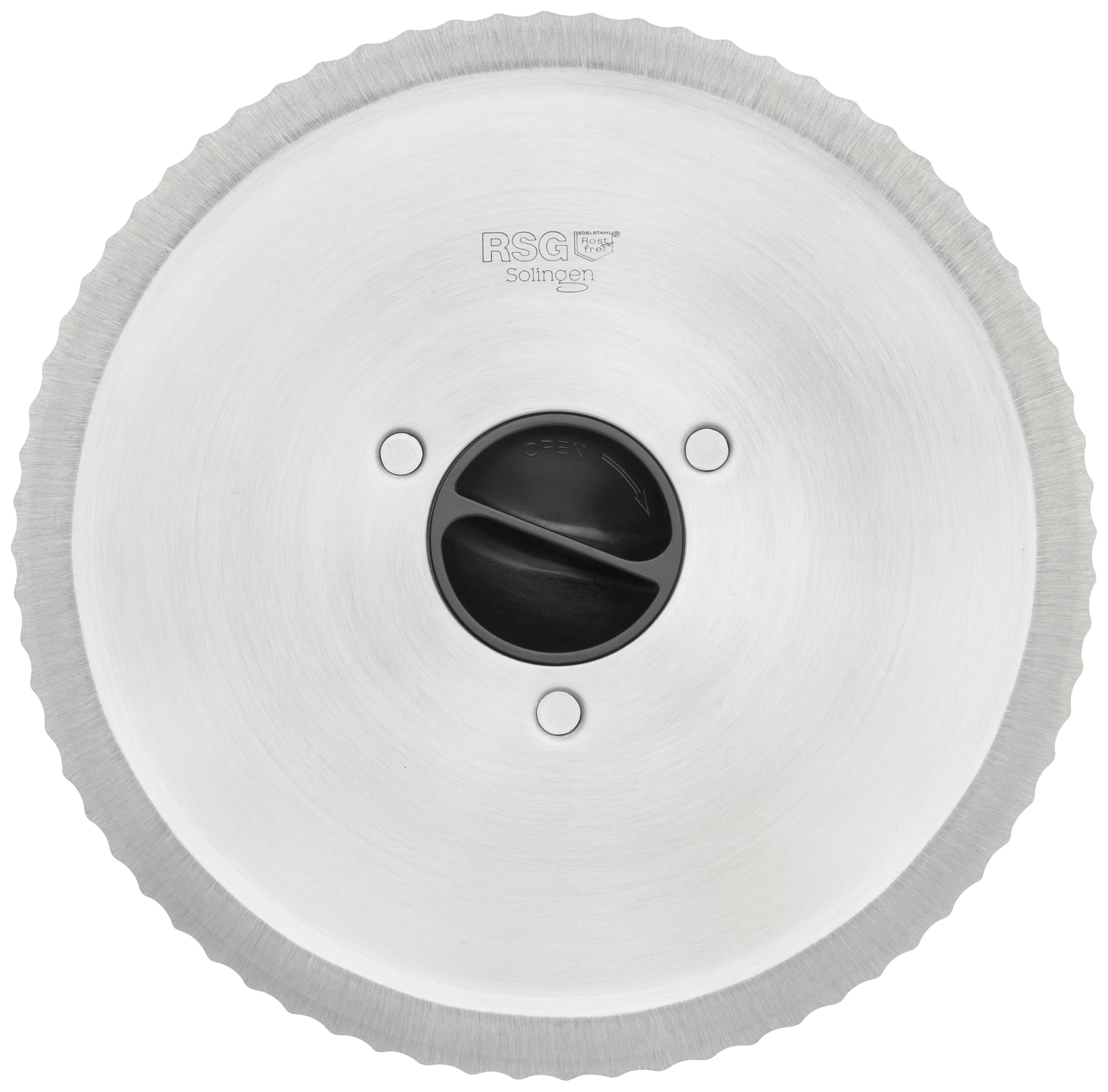 Une tête de lame ronde et dentelée avec une poignée centrale noire. Marquée 'RSG Solingen'. Adaptée pour les machines de découpe.