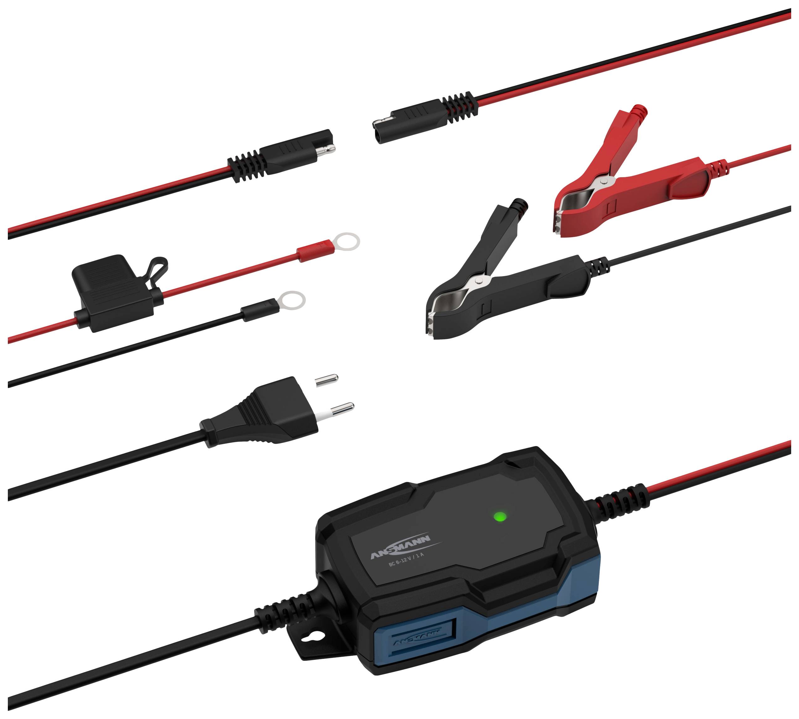 Un chargeur de batterie avec plusieurs câbles et pinces, incluant des pinces crocodiles et un câble secteur, pour connecter et charger des batteries de véhicules.