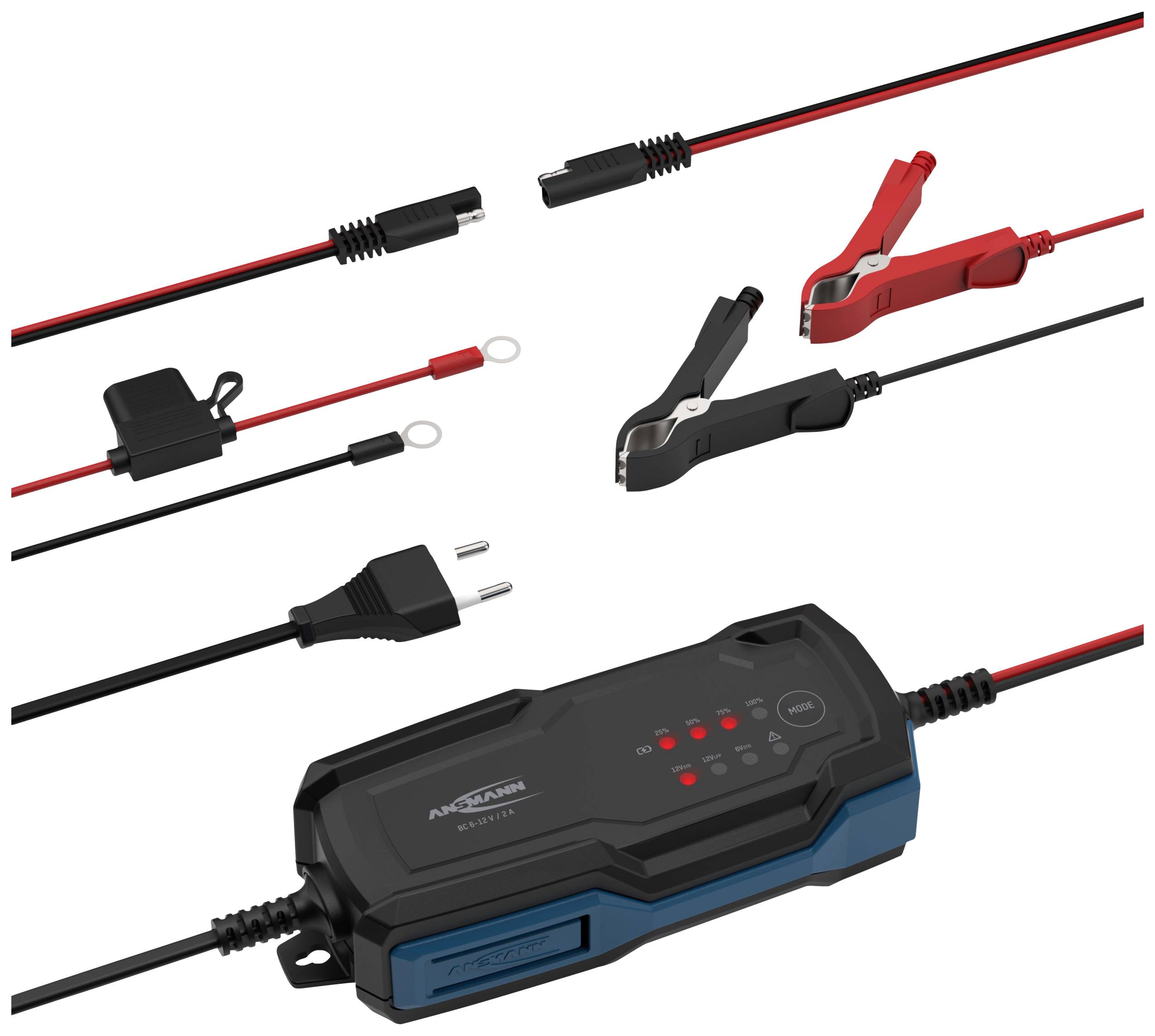 Chargeur de batterie avec câbles et pinces pour se connecter à différents types de batteries. Des LED indiquent l'état de charge.