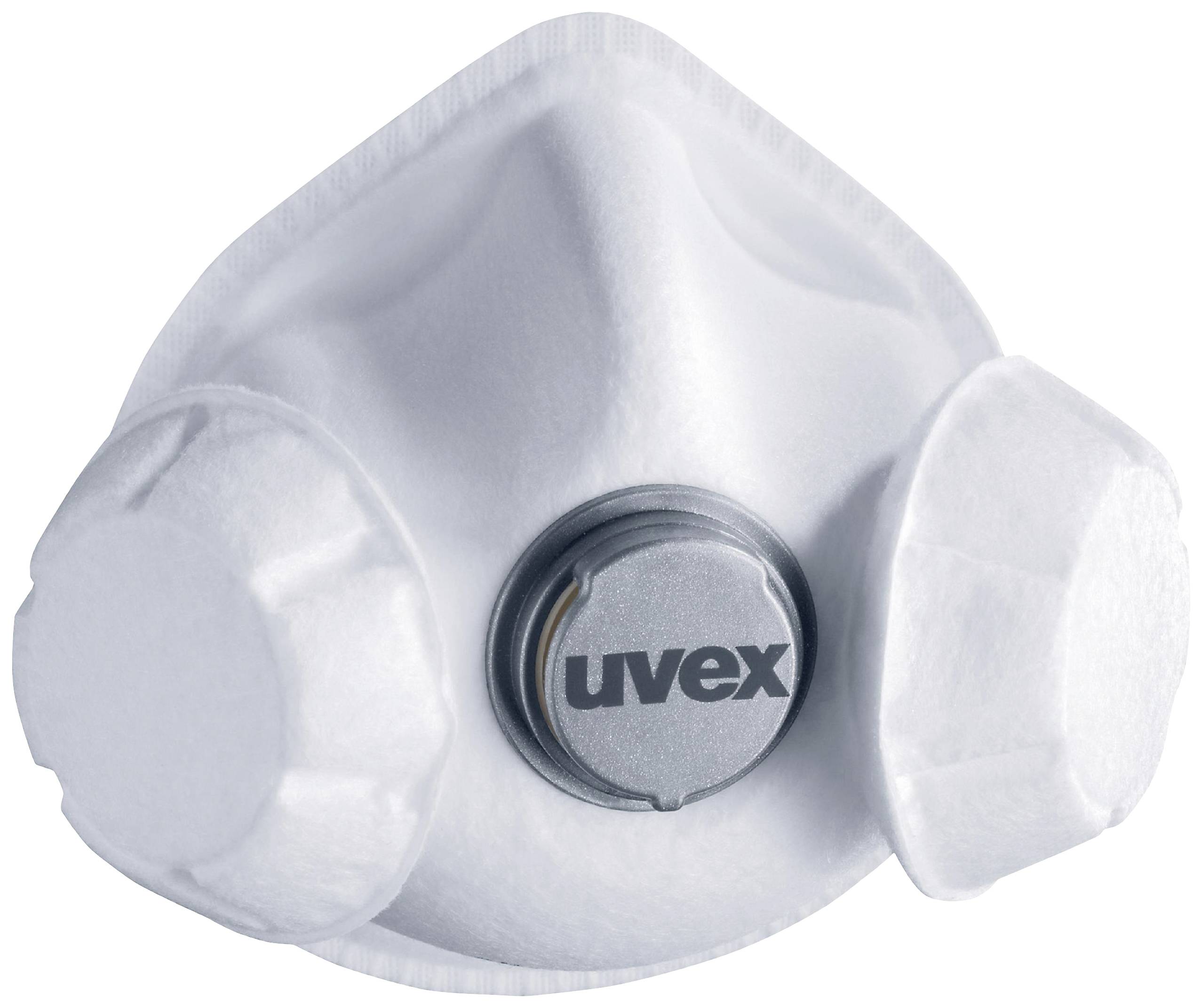 Masque de protection avec valve et inscription 'uvex', vue de face. Le masque offre une protection respiratoire et est ergonomiquement conçu.