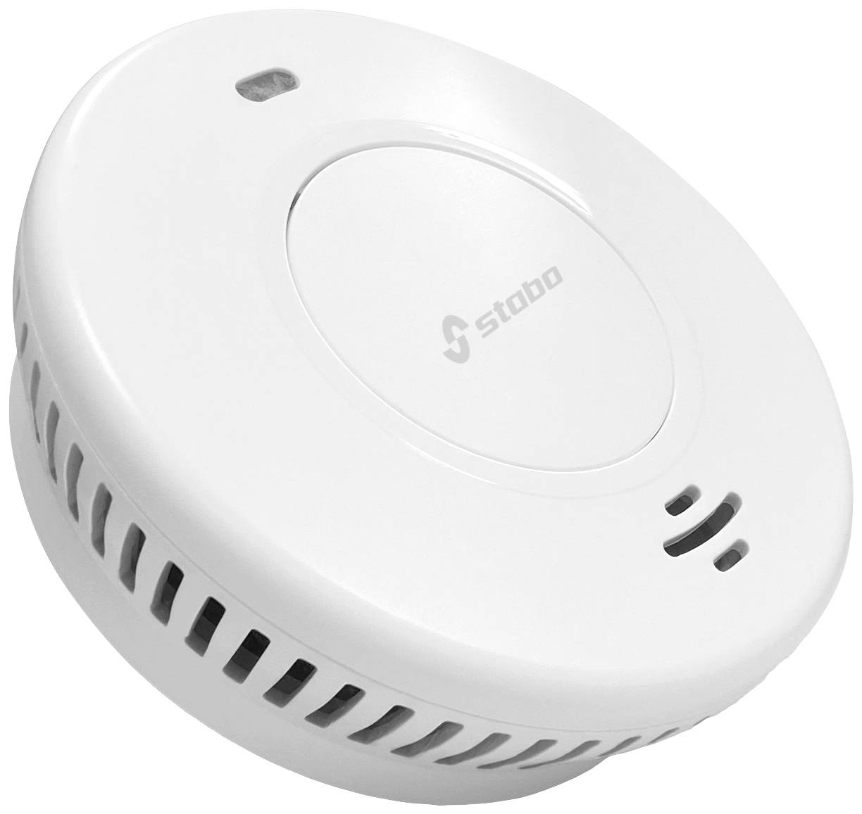 Un détecteur de fumée rond, blanc, avec une petite grille de ventilation sur le côté et un bouton central sur le dessus.