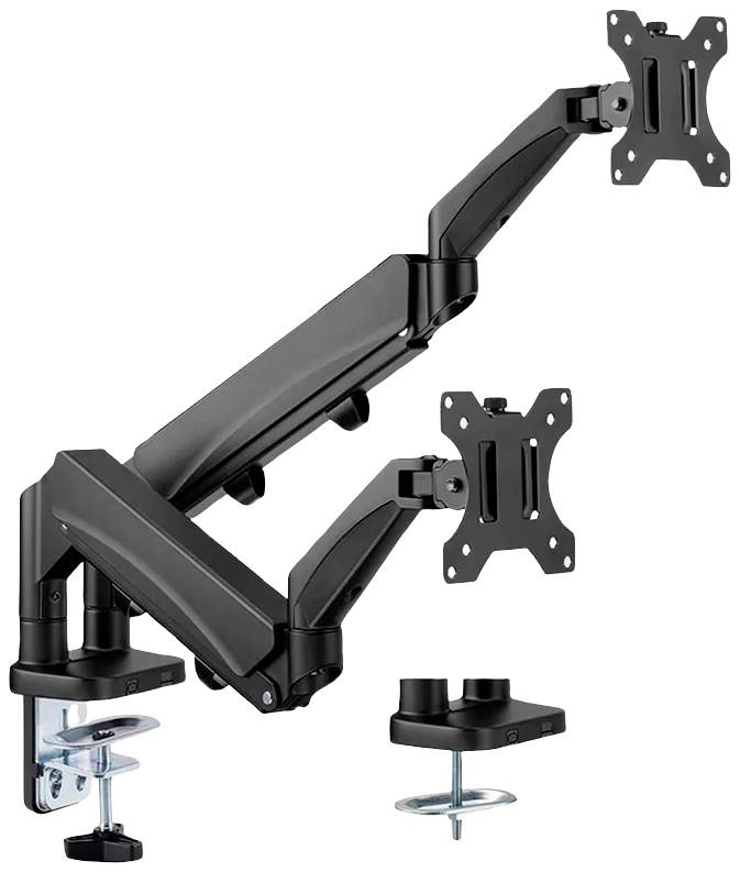 Un support de moniteur noir avec deux bras de fixation pour bureau. Il dispose d'articulations réglables et de deux supports VESA pour moniteurs.