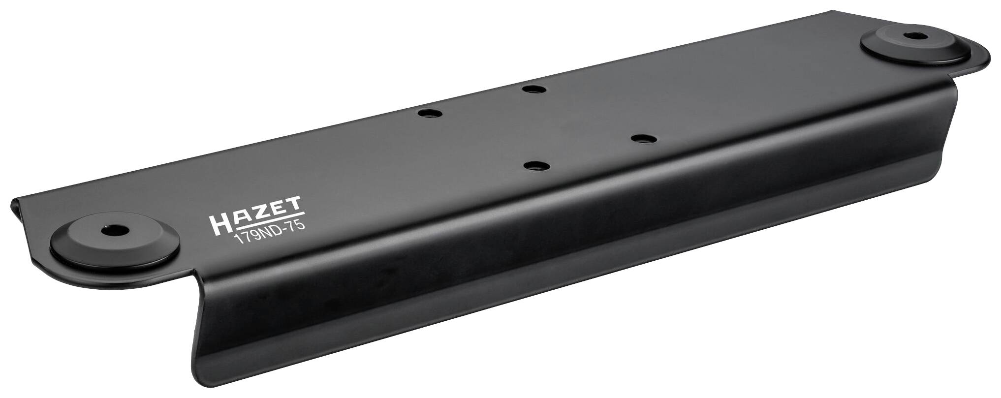 Support noir HAZET pour outils avec deux fixations rondes aux extrémités et plusieurs trous de montage au centre. Idéal pour l'organisation d'atelier.
