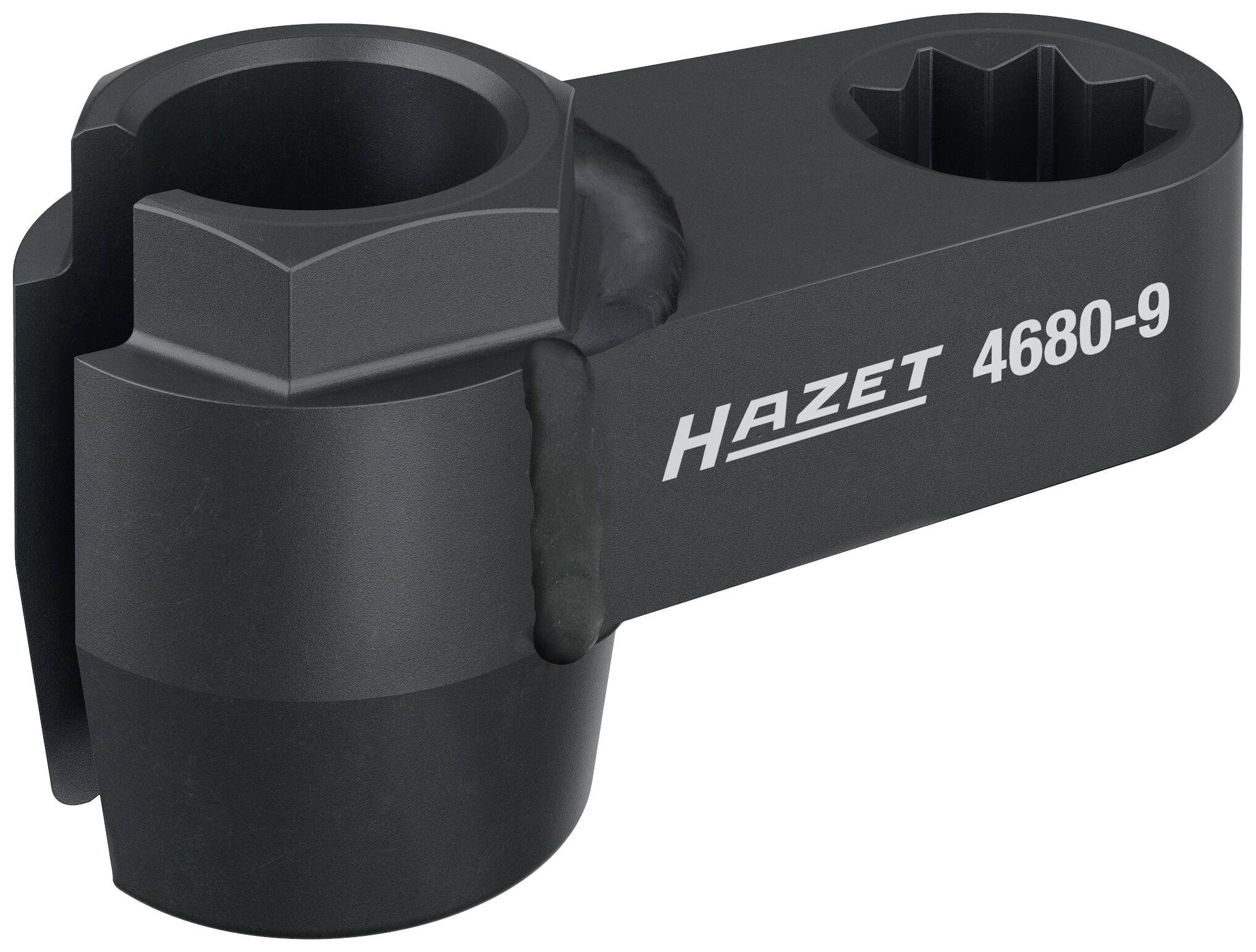 Un outil noir en métal portant l'inscription 'Hazet 4680-9', composé de deux ouvertures de tailles différentes.