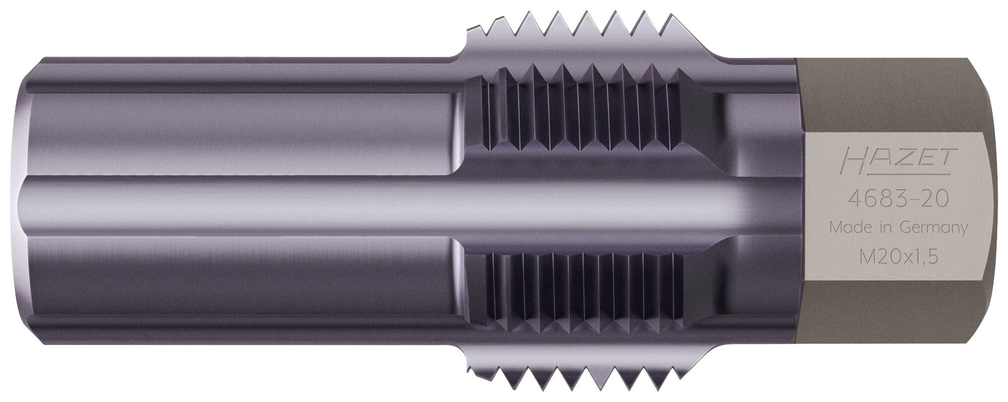 Extracteur de vis en métal portant l'inscription 'Hazet 4683-20, Made in Germany, M20x1.5'. Utilisé pour retirer des vis endommagées.