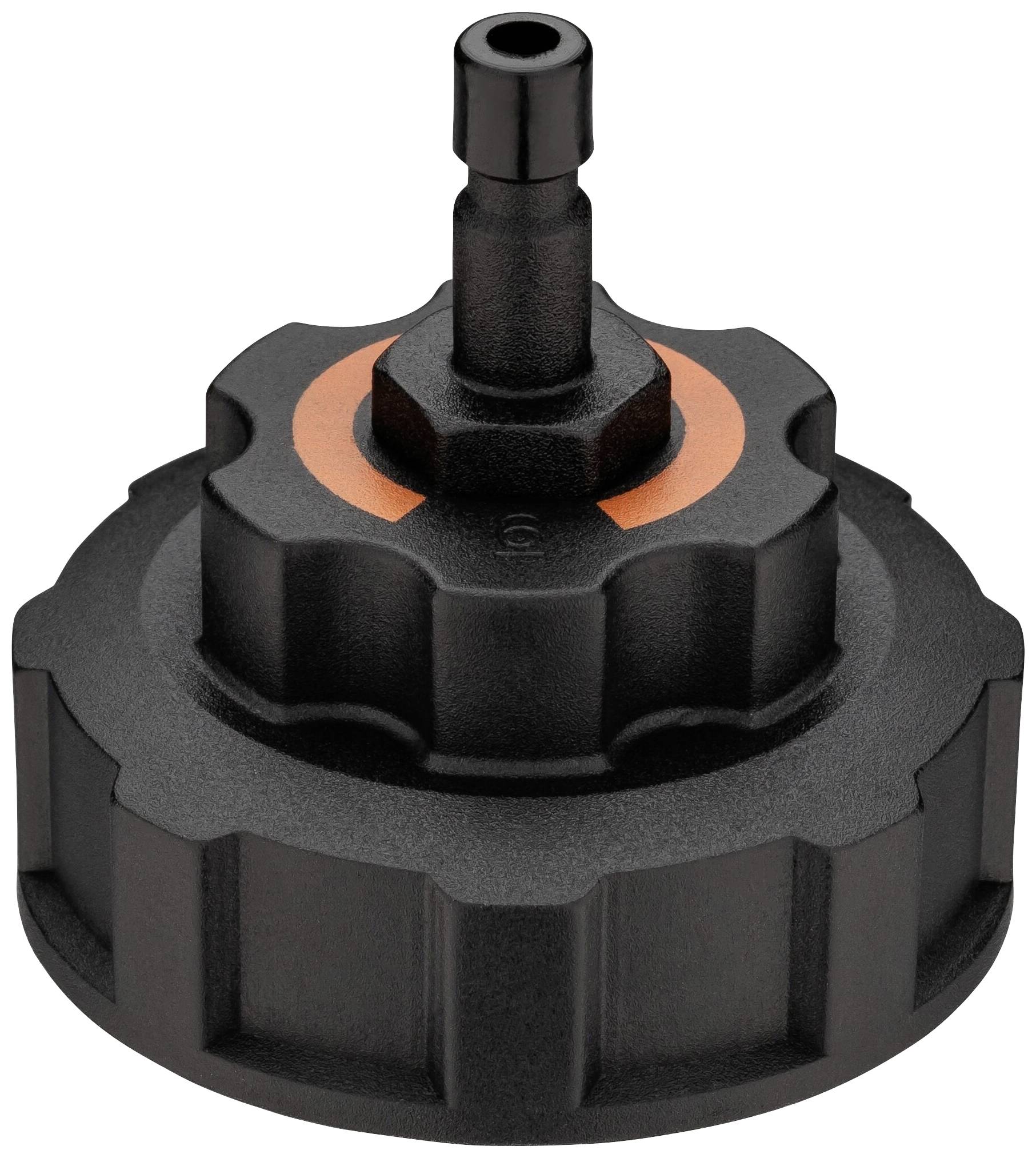 Bouchon en plastique noir avec un petit raccord rapporté, entouré d'un anneau orange. Adapté pour les systèmes de tuyauterie.