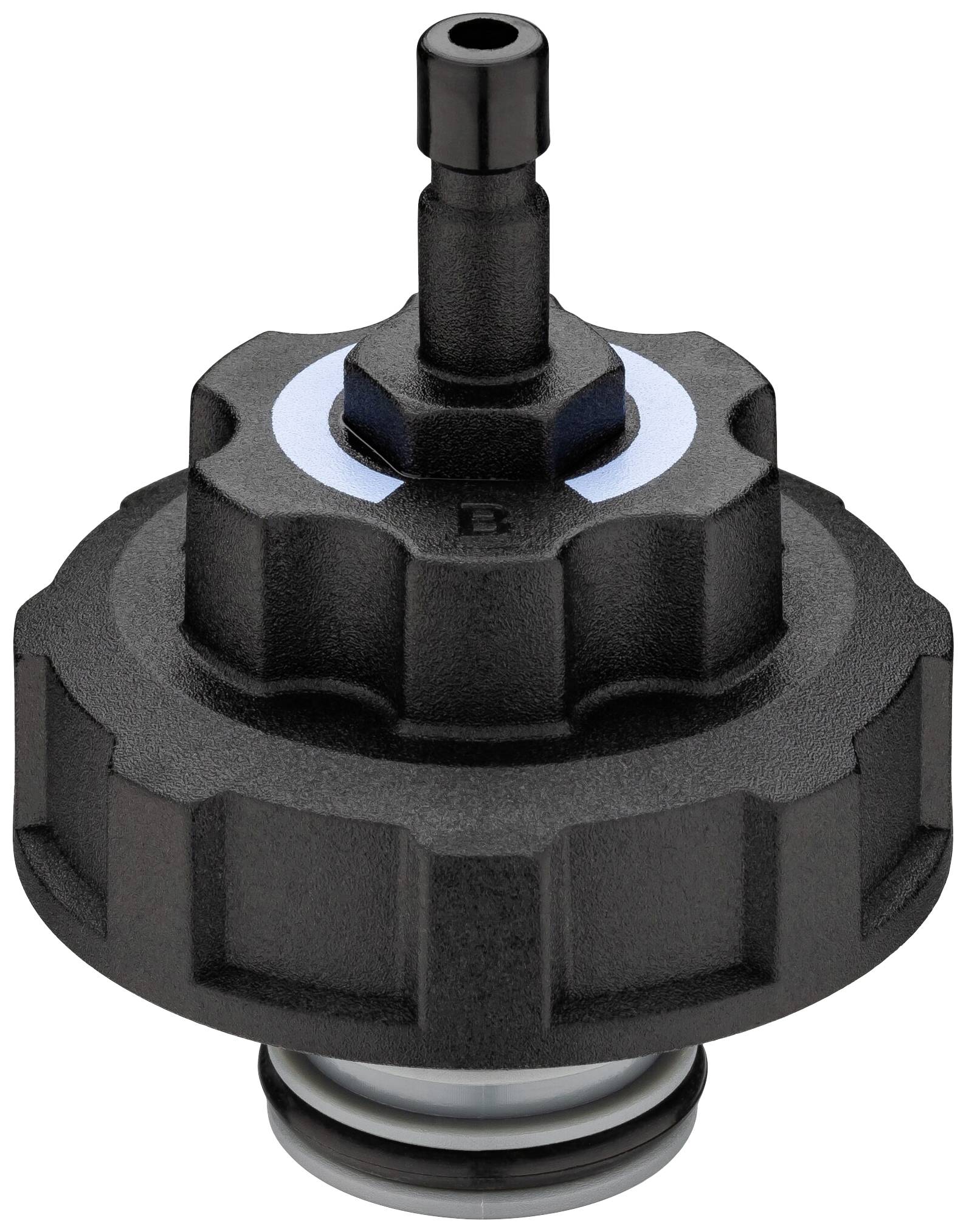 Une valve en plastique noir, cylindrique, pourvue d'un joint d'étanchéité et d'une petite ouverture tubulaire en haut, utilisée dans des applications techniques.