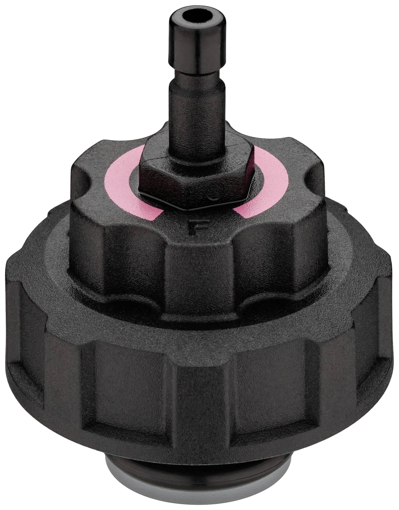 Une pièce en plastique noir avec une base hexagonale et un raccord tubulaire en haut. Il pourrait s'agir d'un adaptateur ou d'une valve.
