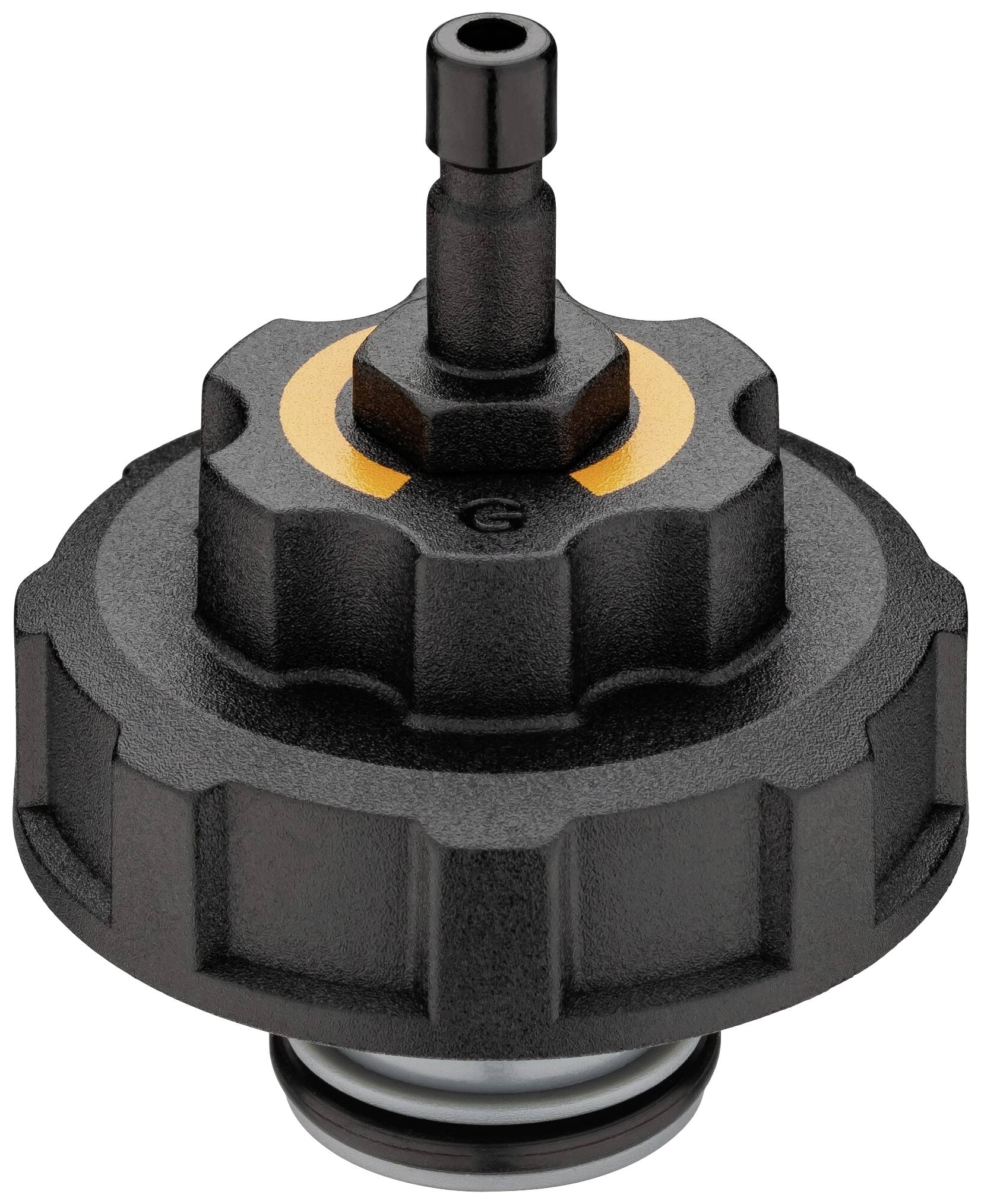 Capuchon noir en plastique dentelé avec un raccord en haut, probablement utilisé comme bouchon de conteneur ou adaptateur avec joint d'étanchéité.