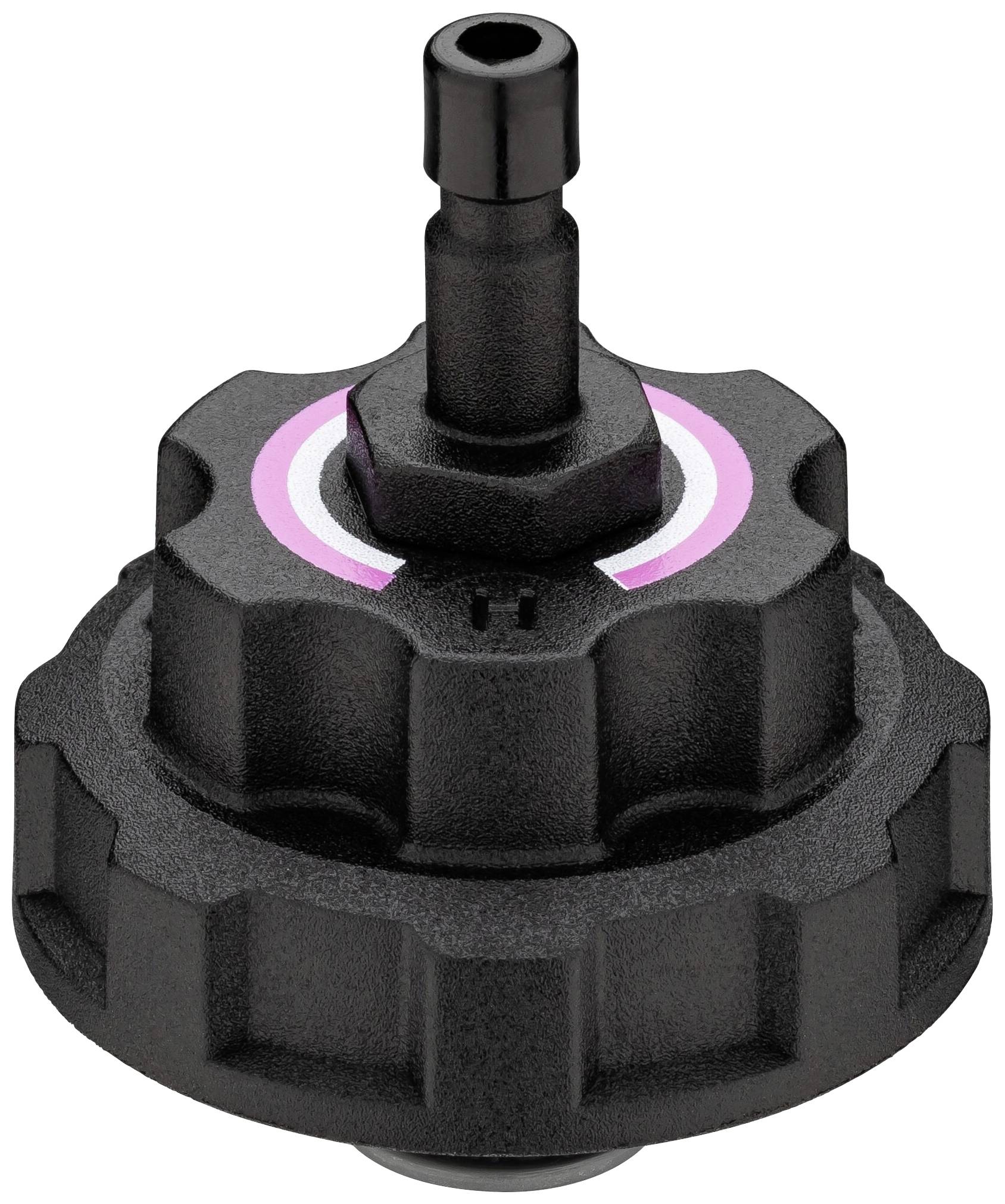 Couvercle de valve noir, rond, avec un anneau violet, tube central en haut.