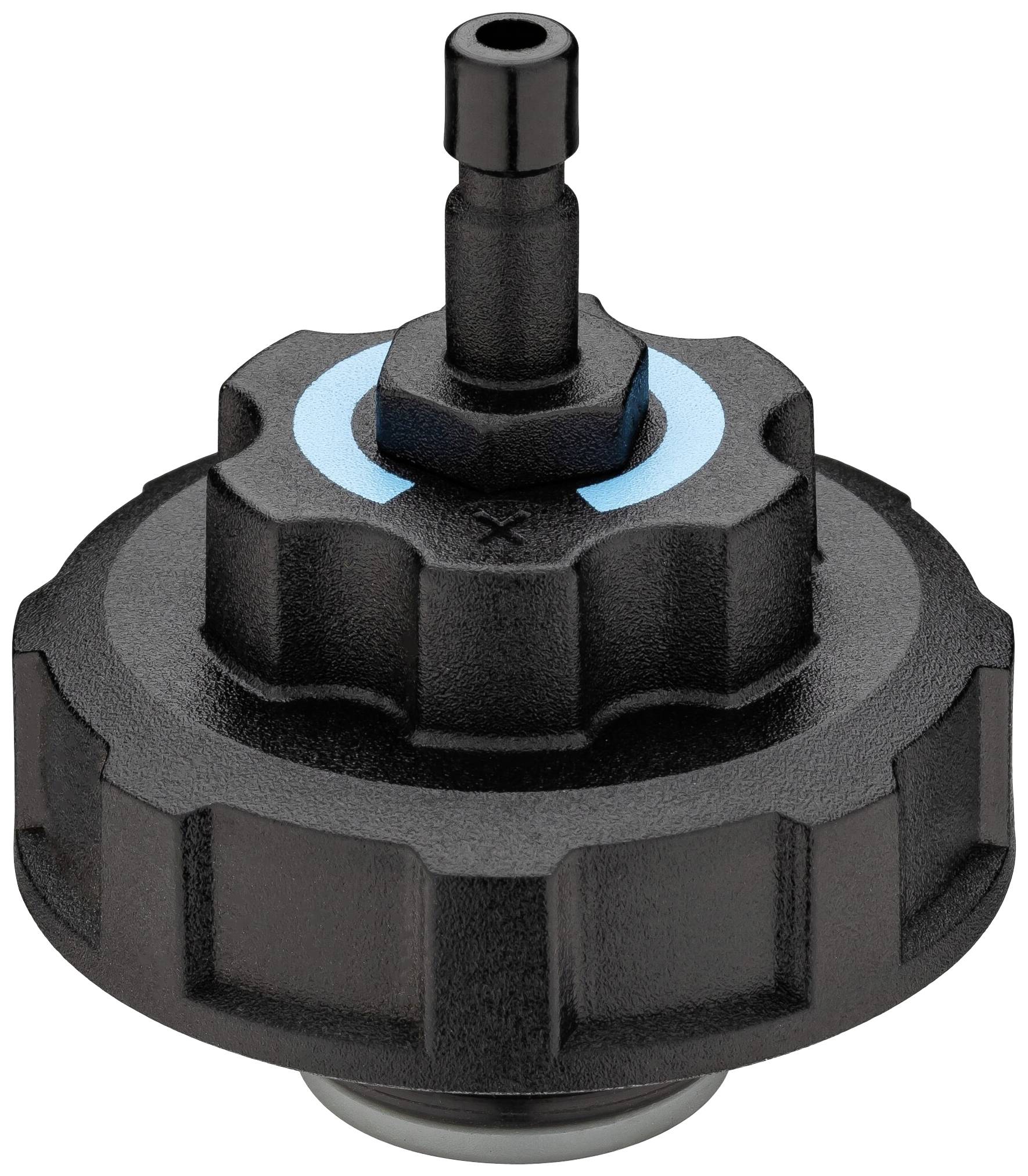 'Capuchon en plastique noir avec marquage bleu et raccord central, probablement partie d'un dispositif technique.'