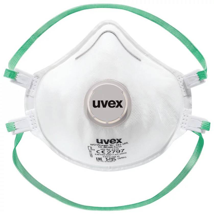 L'illustration montre un masque de protection respiratoire blanc avec une valve et des sangles vertes, sur lequel est inscrite la marque 'uvex'. Il est destiné à protéger contre les particules.