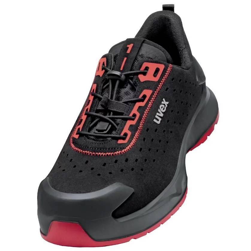 Chaussure de sécurité noire avec un accent rouge, fermeture rapide élastique et semelle robuste. Marquée 'uvex'. Idéale pour les travaux de construction.