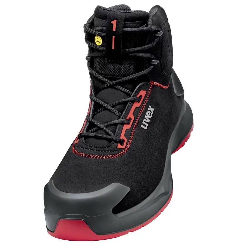 Chaussure de sécurité noire avec profil de semelle rouge, protection haute de la cheville et logo de marque 'uvex' sur le côté. Adaptée aux environnements de travail.