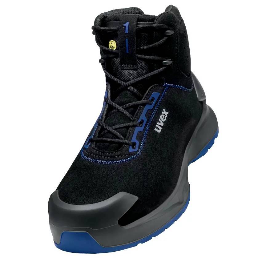 Bottes de sécurité noires avec des touches bleues, design robuste, marque 'uvex', adaptées à la protection au travail.