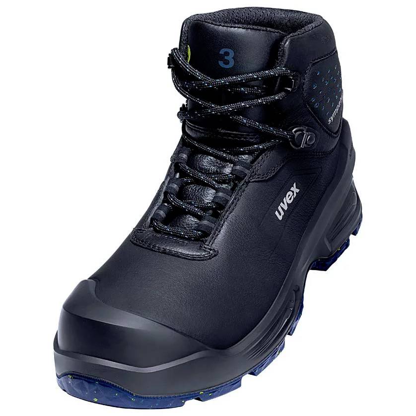 Une botte de sécurité noire de la marque Uvex avec un haut col et semelle bleue, adaptée à la protection au travail.
