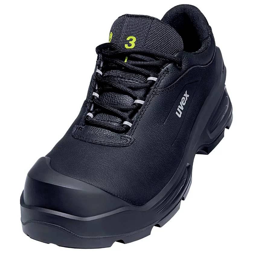 Chaussure de sécurité noire avec embout renforcé et semelle antidérapante, logo 'uvex' sur le côté. Conçue pour la protection au travail.