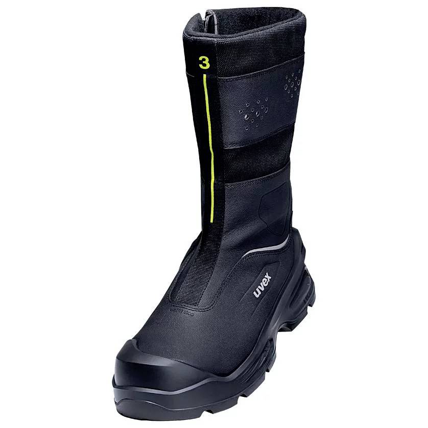 Bottes de sécurité noires à haute bride, avec le chiffre jaune '3' sur l'avant et l'inscription 'uvex' sur le côté.