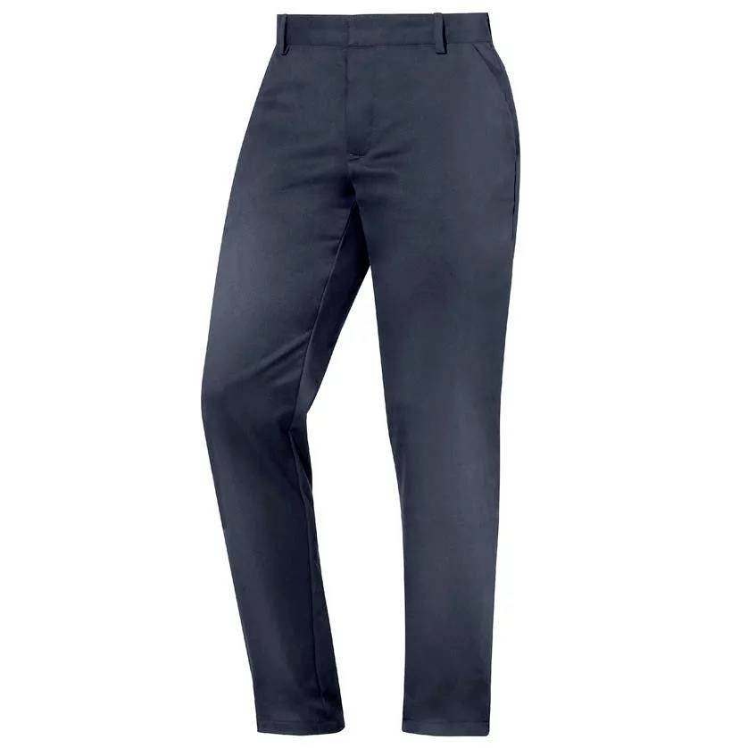 Un pantalon de costume bleu marine sur un fond blanc. Il est coupe droite et dispose de passants de ceinture.
