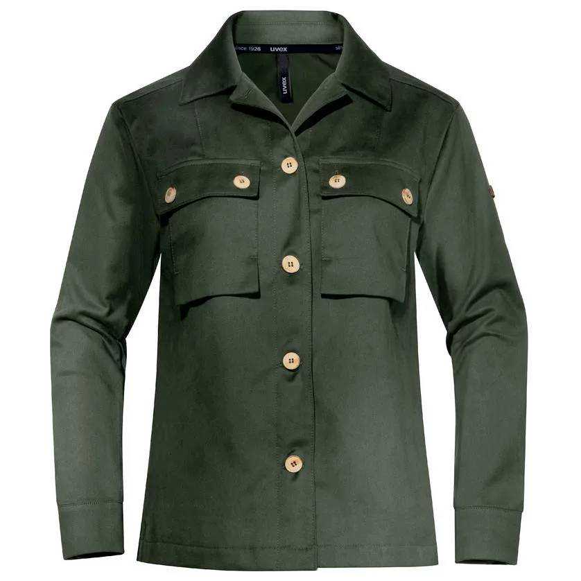 Veste verte pour femme avec boutons en bois et deux poches poitrine.