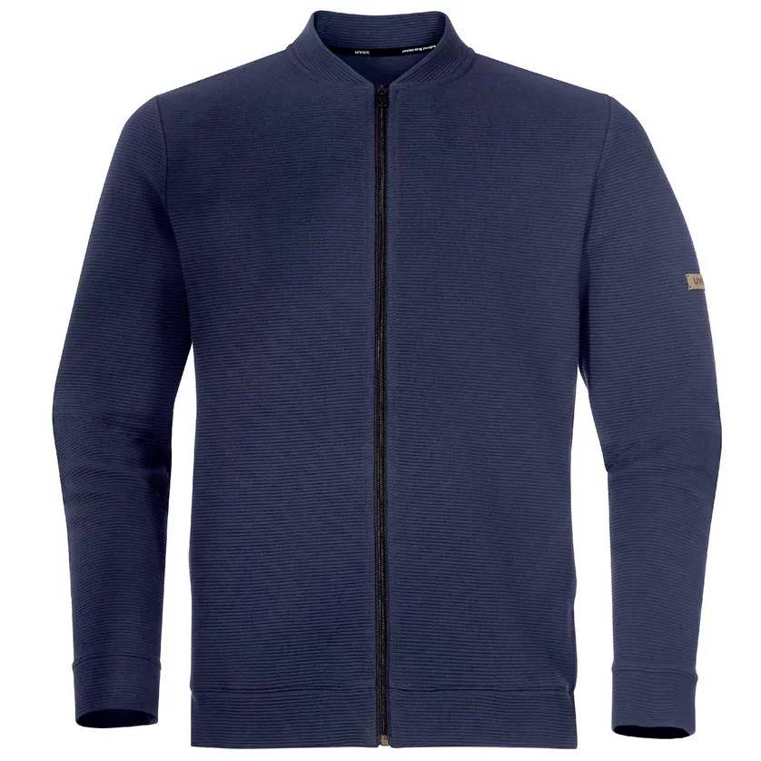 Veste pour homme bleu foncé côtelée, avec fermeture éclair intégrale et col montant, sans motifs ni impressions apparents.