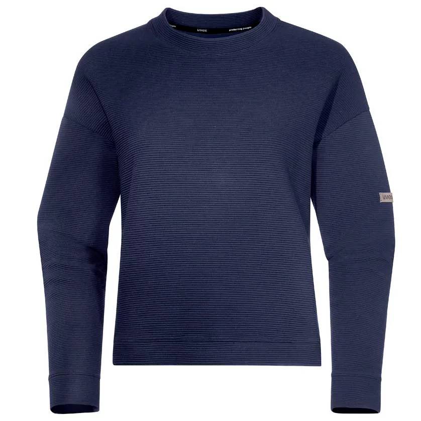 Un pull pour homme bleu marine à manches longues, en tissu côtelé et col rond, idéal pour les journées fraîches d'automne.