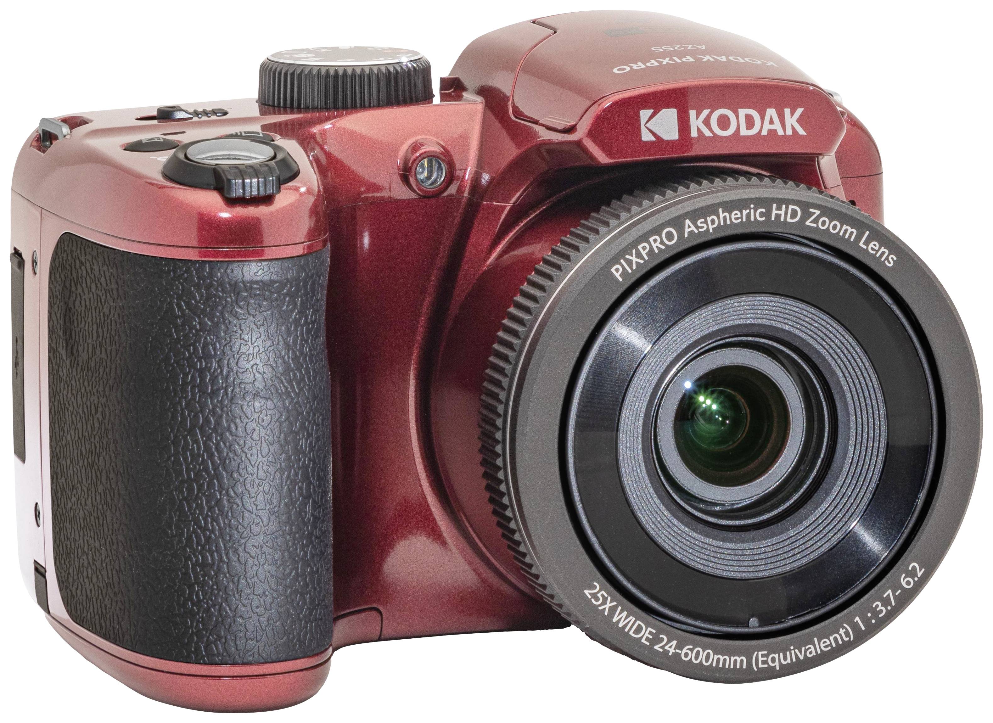 Appareil photo numérique rouge avec un grand objectif zoom et une poignée ergonomique.