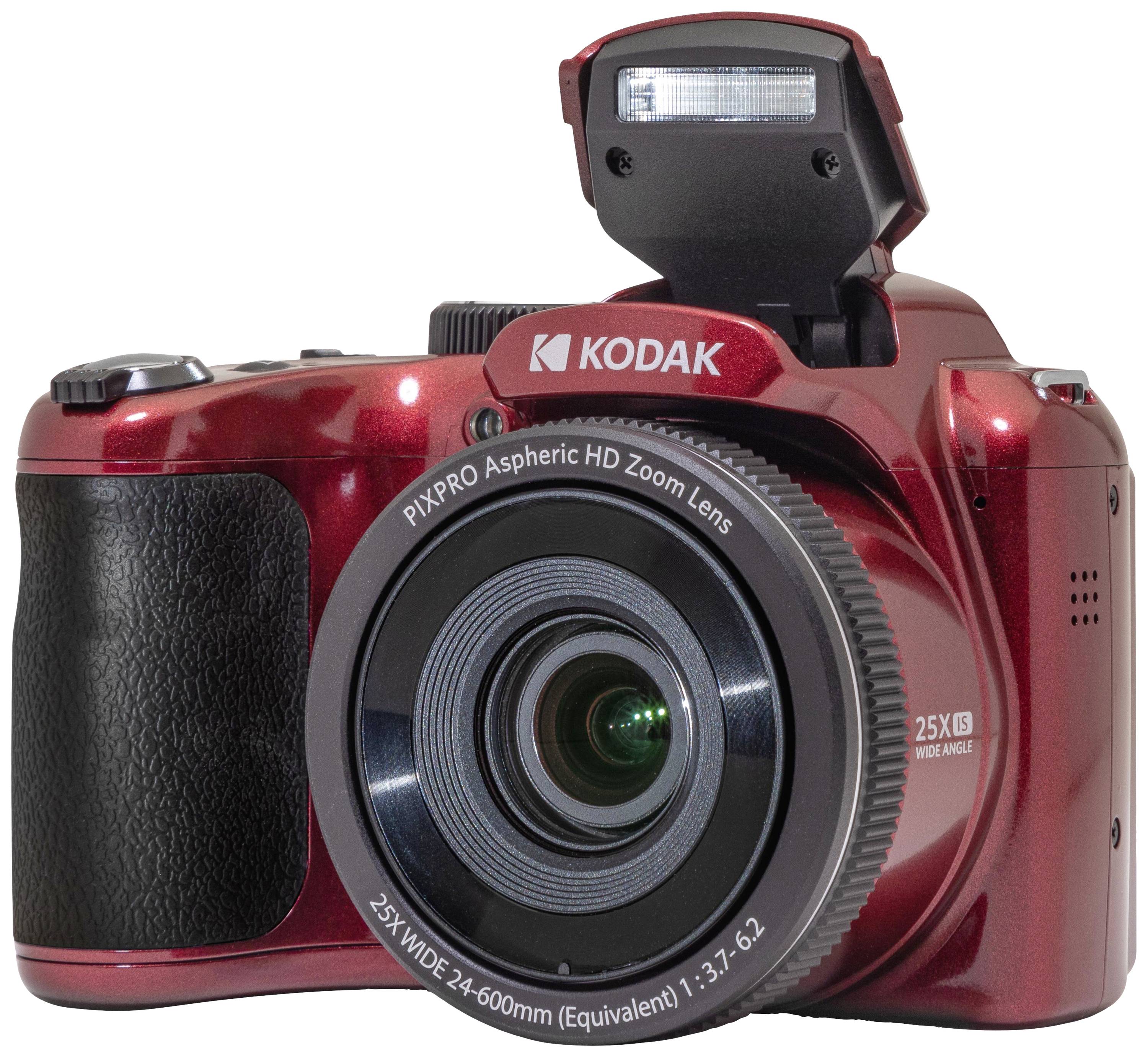 Appareil photo numérique rouge de la marque Kodak avec flash ouvert et objectif zoom, photographié de face ; adapté aux passionnés de photographie.