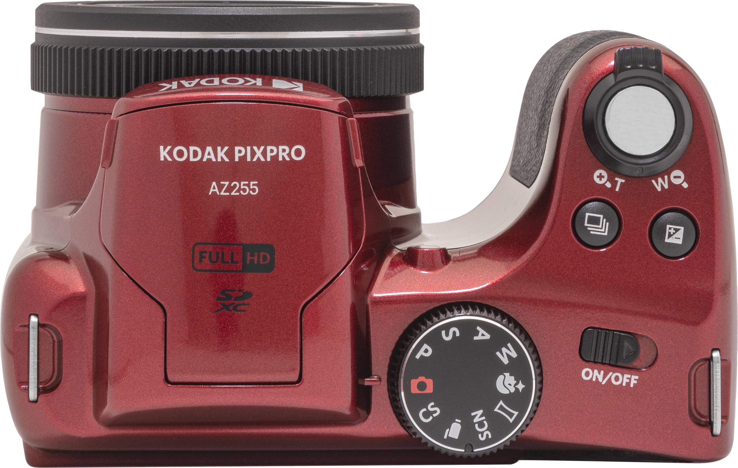 Appareil photo numérique rouge vu de dessus, avec l'étiquette 'KODAK PIXPRO AZ255', touches de sélection de mode et bouton marche/arrêt visibles.