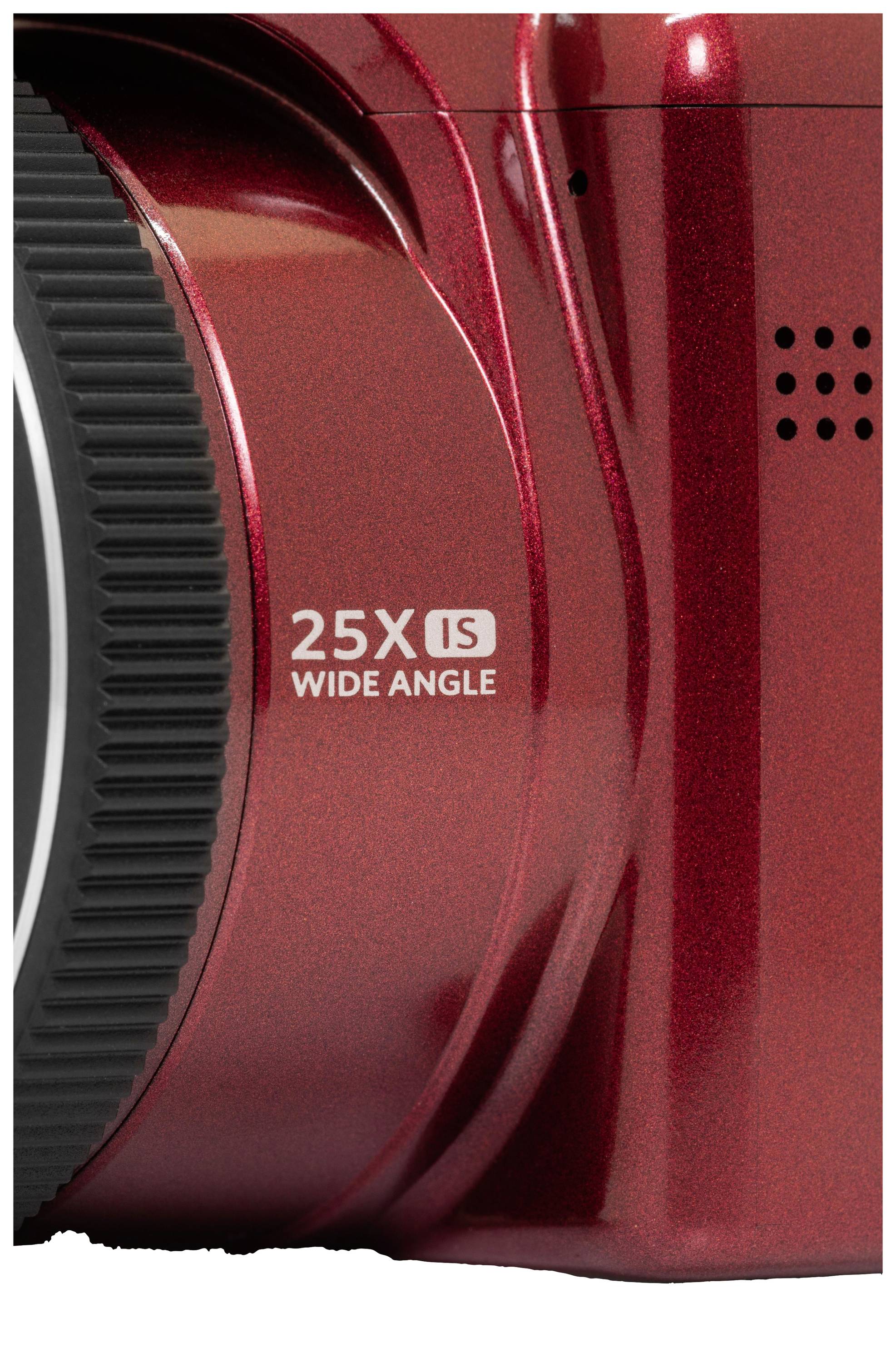 Partie d'un appareil photo rouge portant l'inscription « 25X IS Grand Angle ».