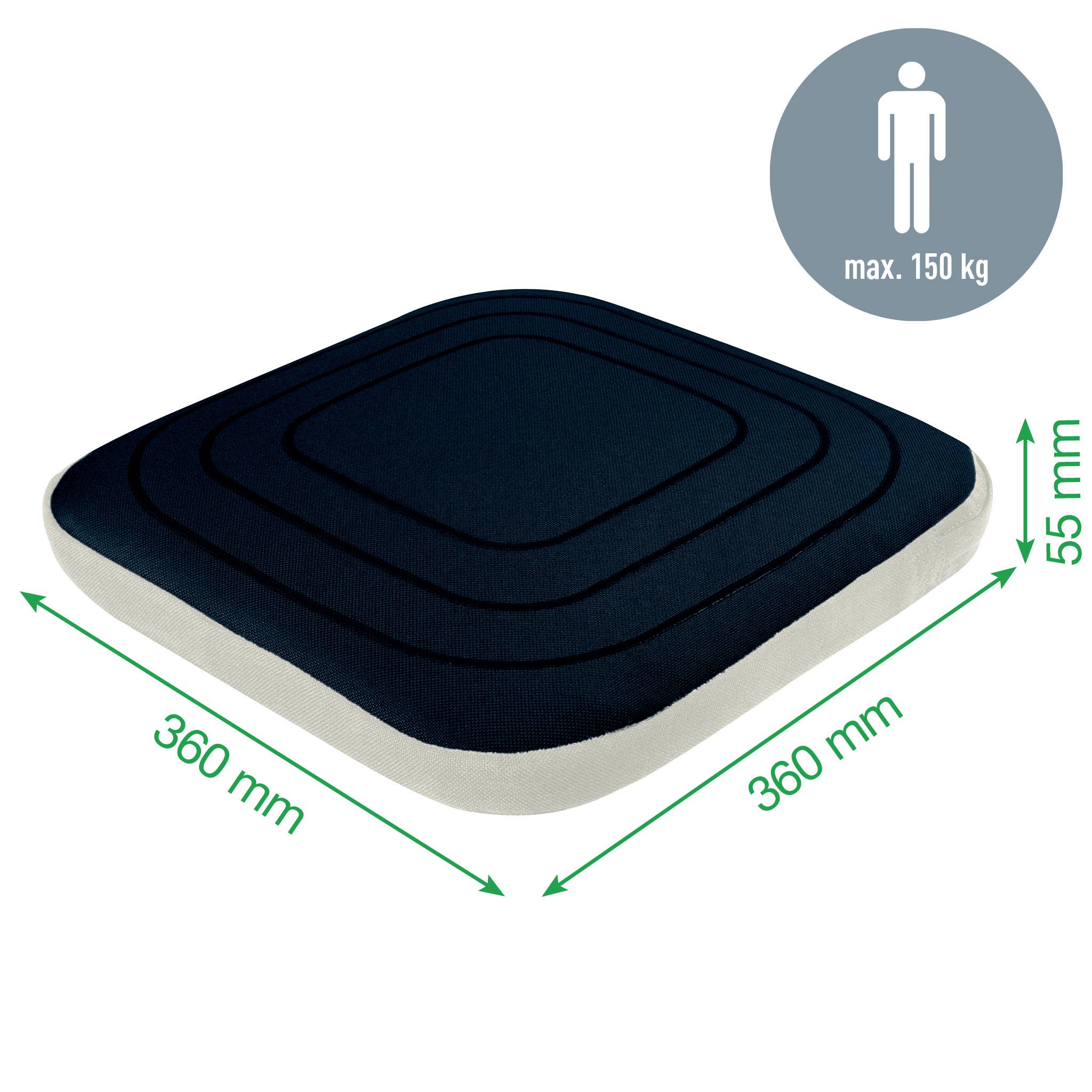 Coussin de siège carré de dimensions 360 mm x 360 mm x 55 mm. Adapté aux personnes pesant jusqu'à 150 kg maximum.