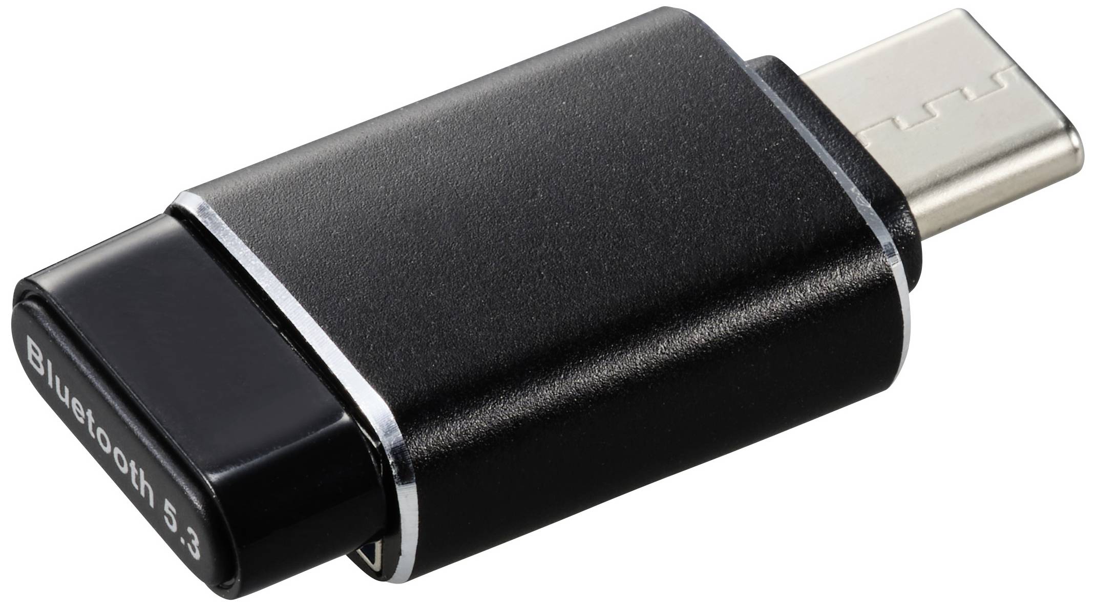 Un adaptateur USB-C Bluetooth noir portant l'inscription 'Bluetooth 5.3', conçu pour connecter sans fil des appareils via Bluetooth.