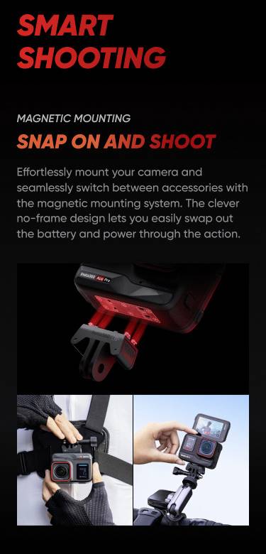 Le système « Smart Shooting » présente un système de fixation de caméra avec attache magnétique. Deux mains montent une caméra pour faciliter le changement d'accessoires.