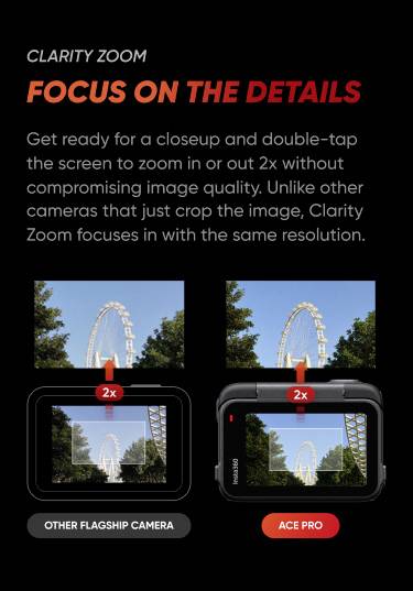 Deux images de caméra : à gauche, des détails flous avec un marquage '2x', à droite, une image nette avec '2x'. Texte : Le zoom de clarté améliore les détails.