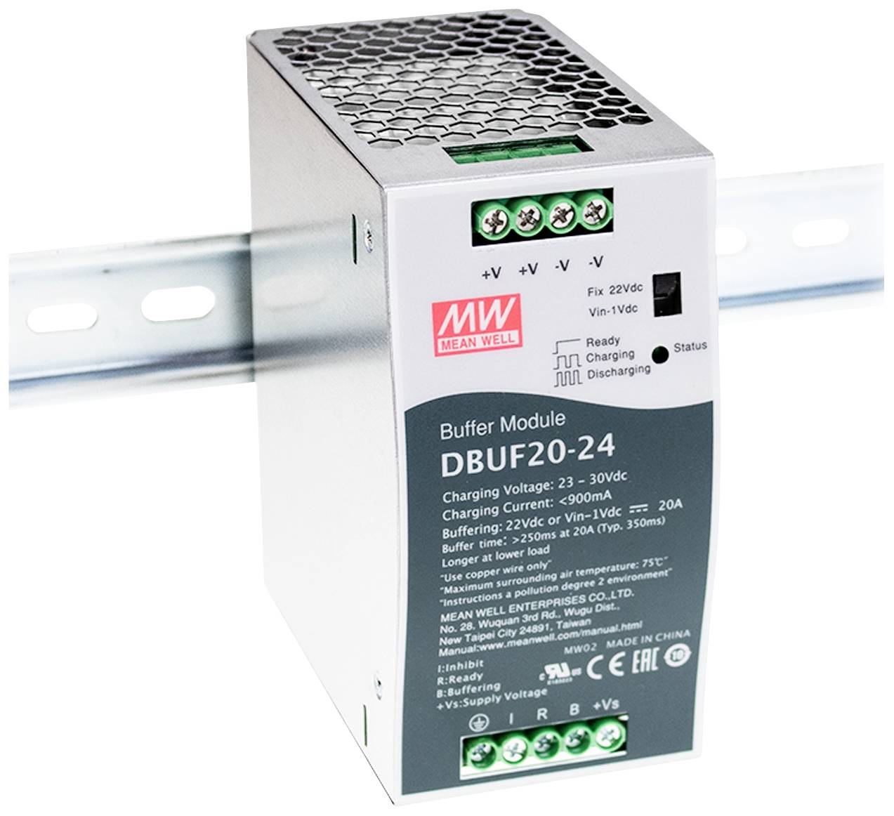 Module de batterie tampon DBUF20-24 de MEAN WELL, monté sur un rail métallique. Indicateur de charge, décharge et statut.