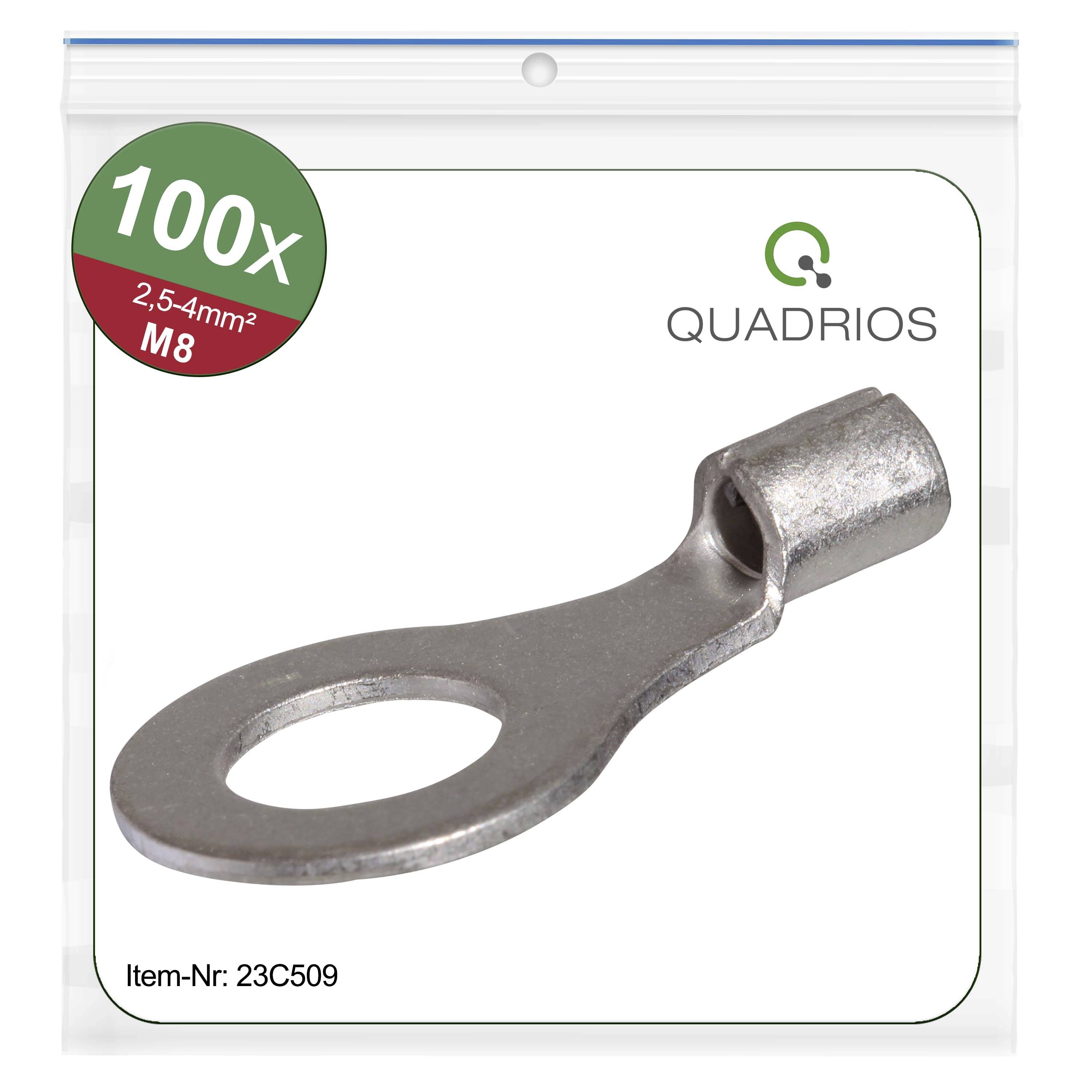 Une image d'un collier de serrage métallique avec ouverture ovale et marquage M8 dans un emballage transparent. Texte : '100x', 'QUADRIOS', '2.5-4mm²', 'Réf. : 23C509'.