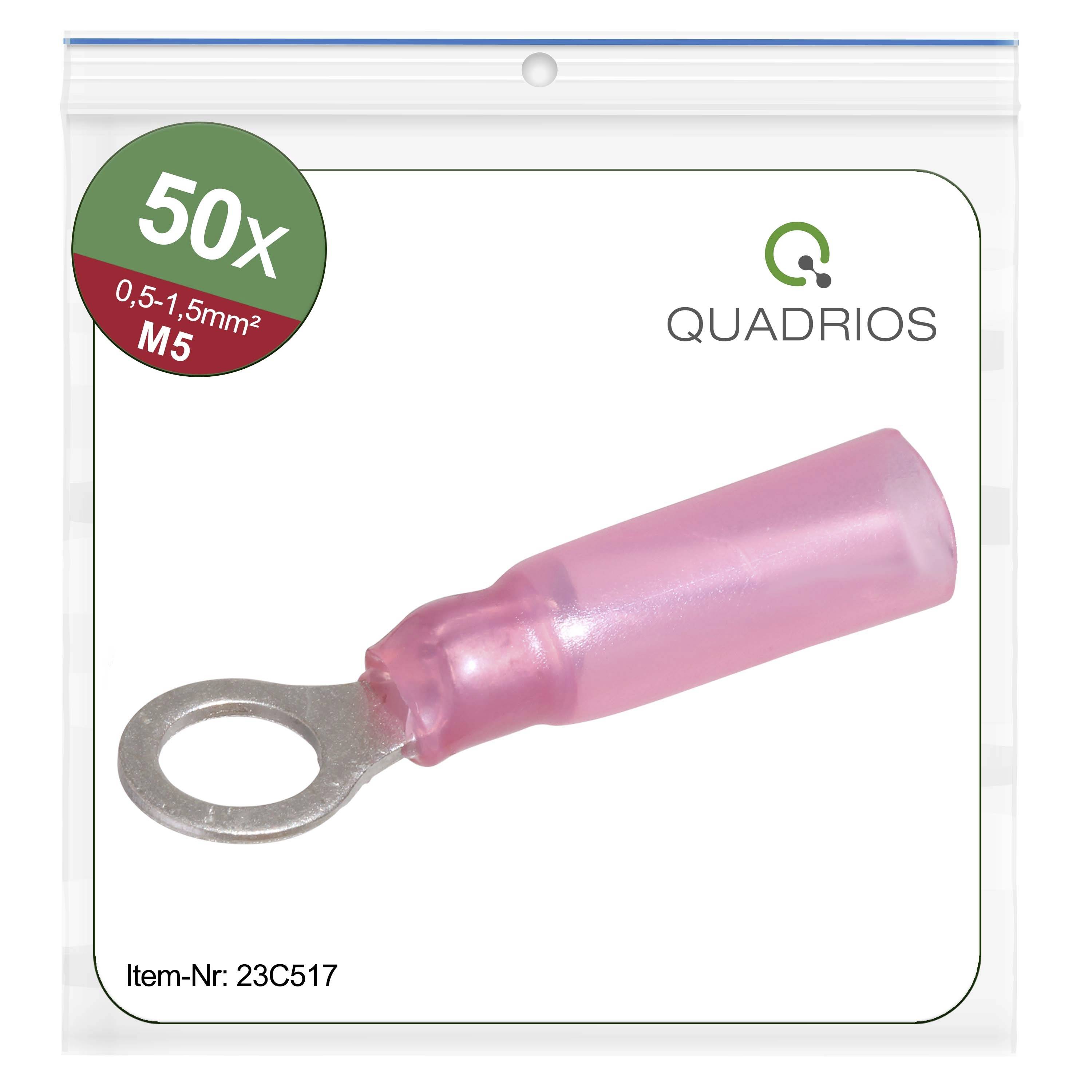 Cinquante cosses de câble roses, adaptées pour section de câble 0,5-1,5 mm², avec trou M5. Numéro d'article : 23C517. Marque : Quadrios.