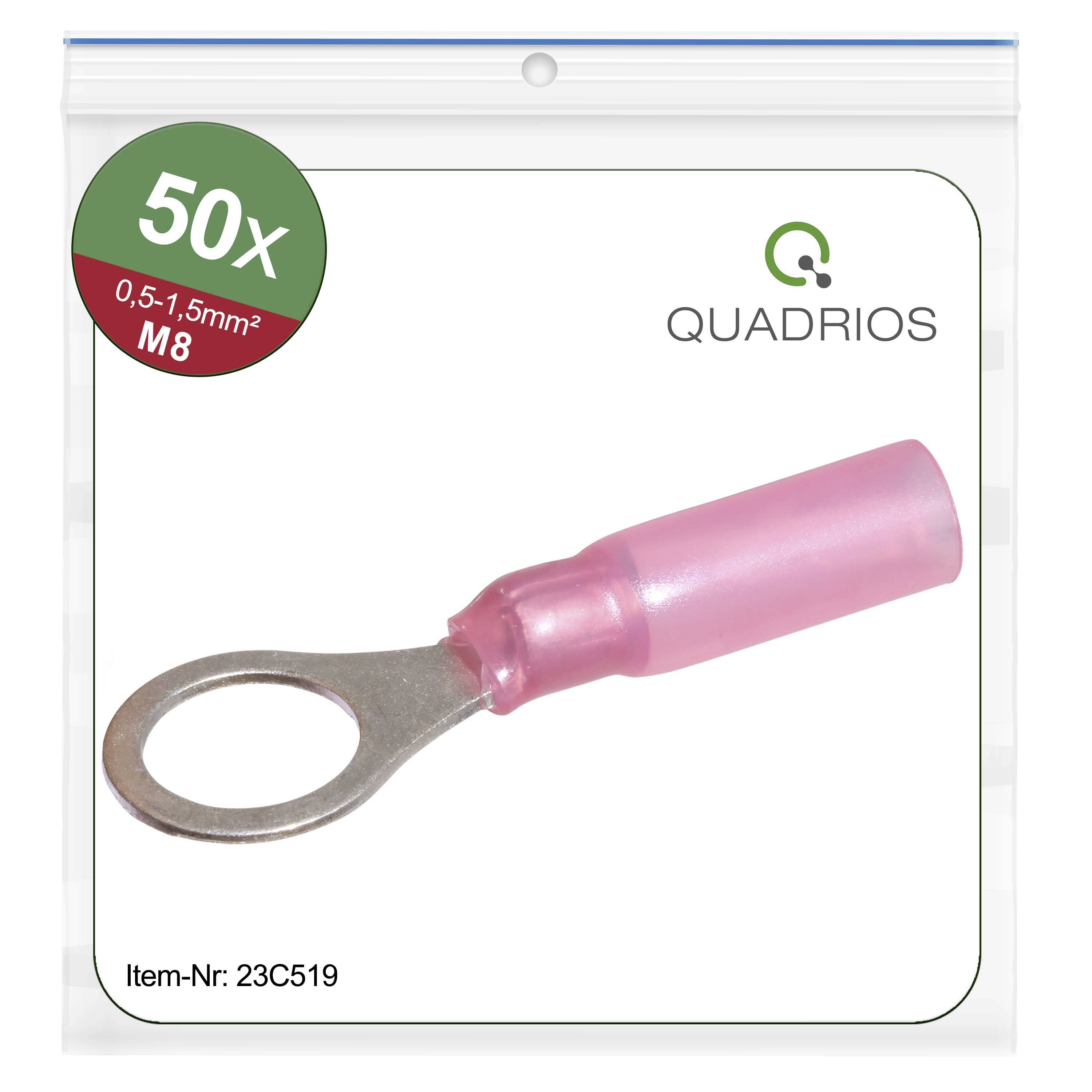 Sachet de 50 cosses de câble roses, type cosse à œillet M8, pour sections de câble de 0,5-1,5 mm². Marque 'Quadrios', référence article 23C519.