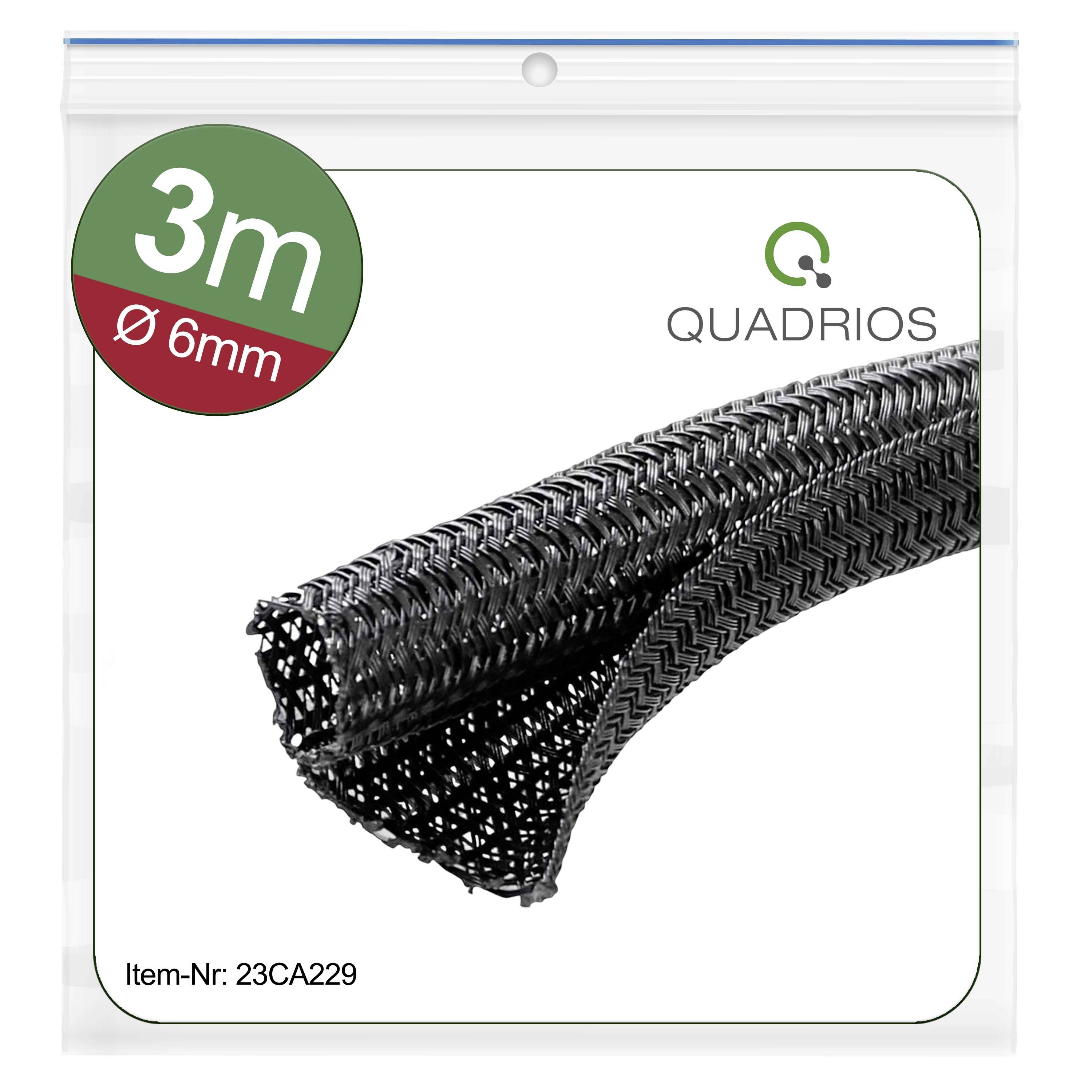 Une gaine de câble noire d'une longueur de 3 mètres et d'un diamètre de 6 mm, emballée dans un sachet transparent.
