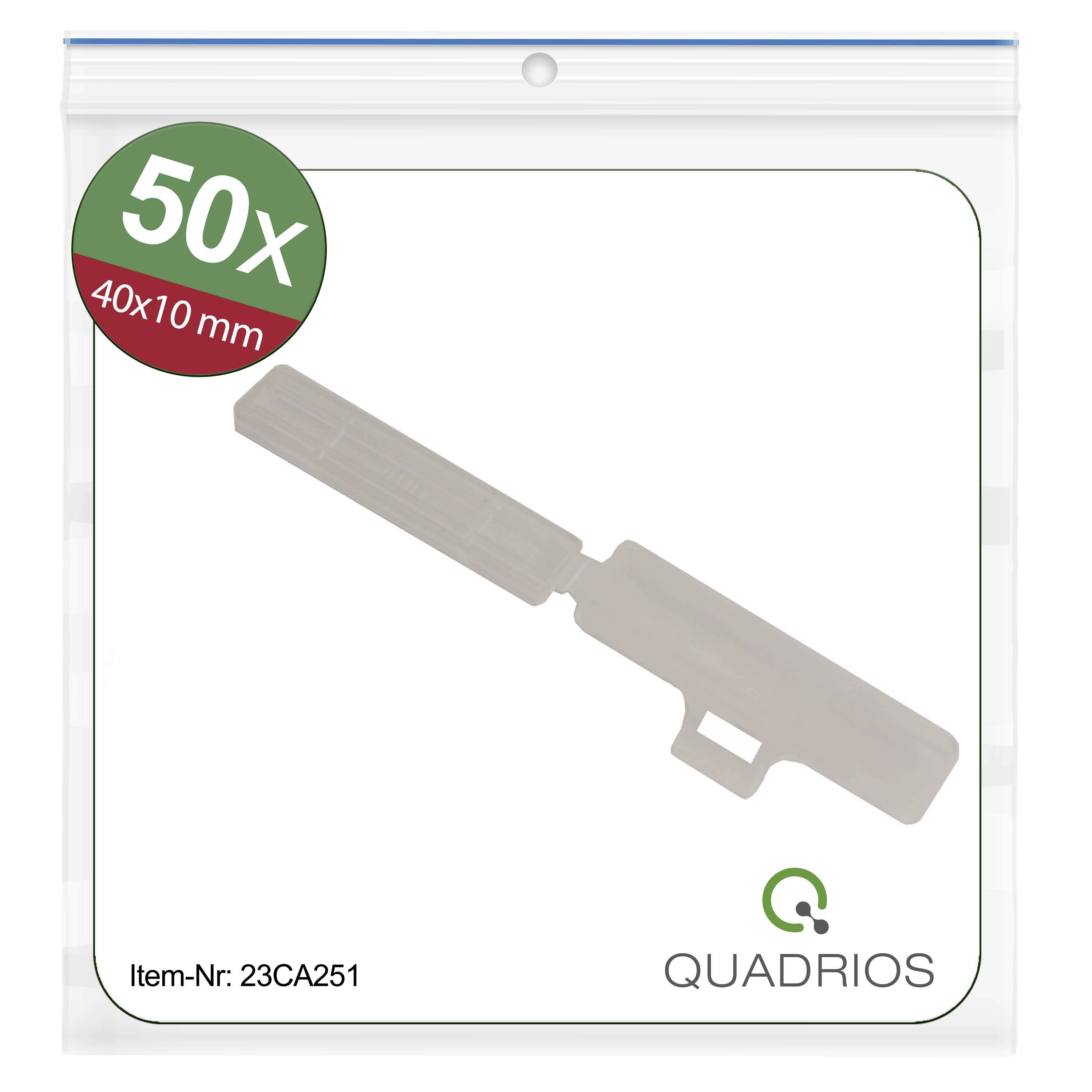 'Sachet de 50 clips en plastique blancs, 40x10 mm. Numéro d'article : 23CA251. Marque : Quadrios.'
